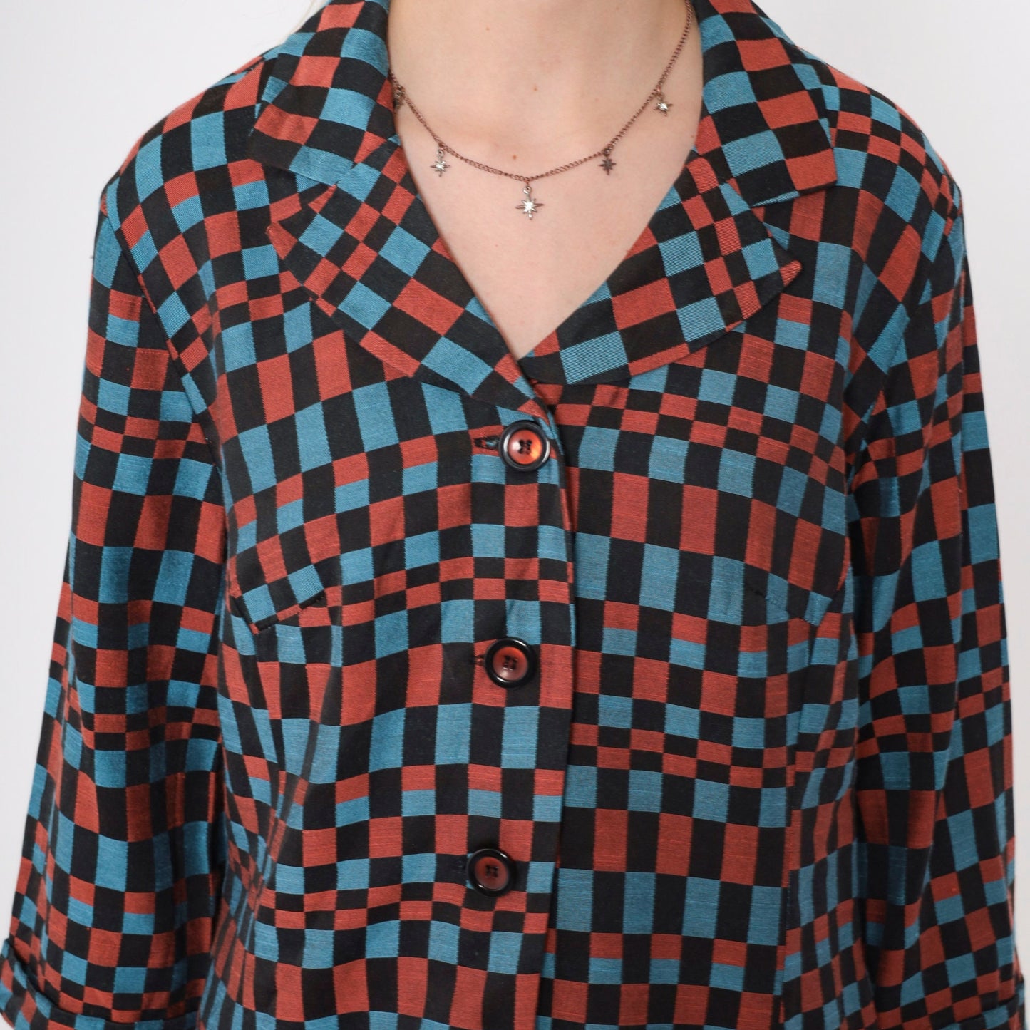 90s Checkered Blazer Black Blue Burnt Orange Op Art Print Medium