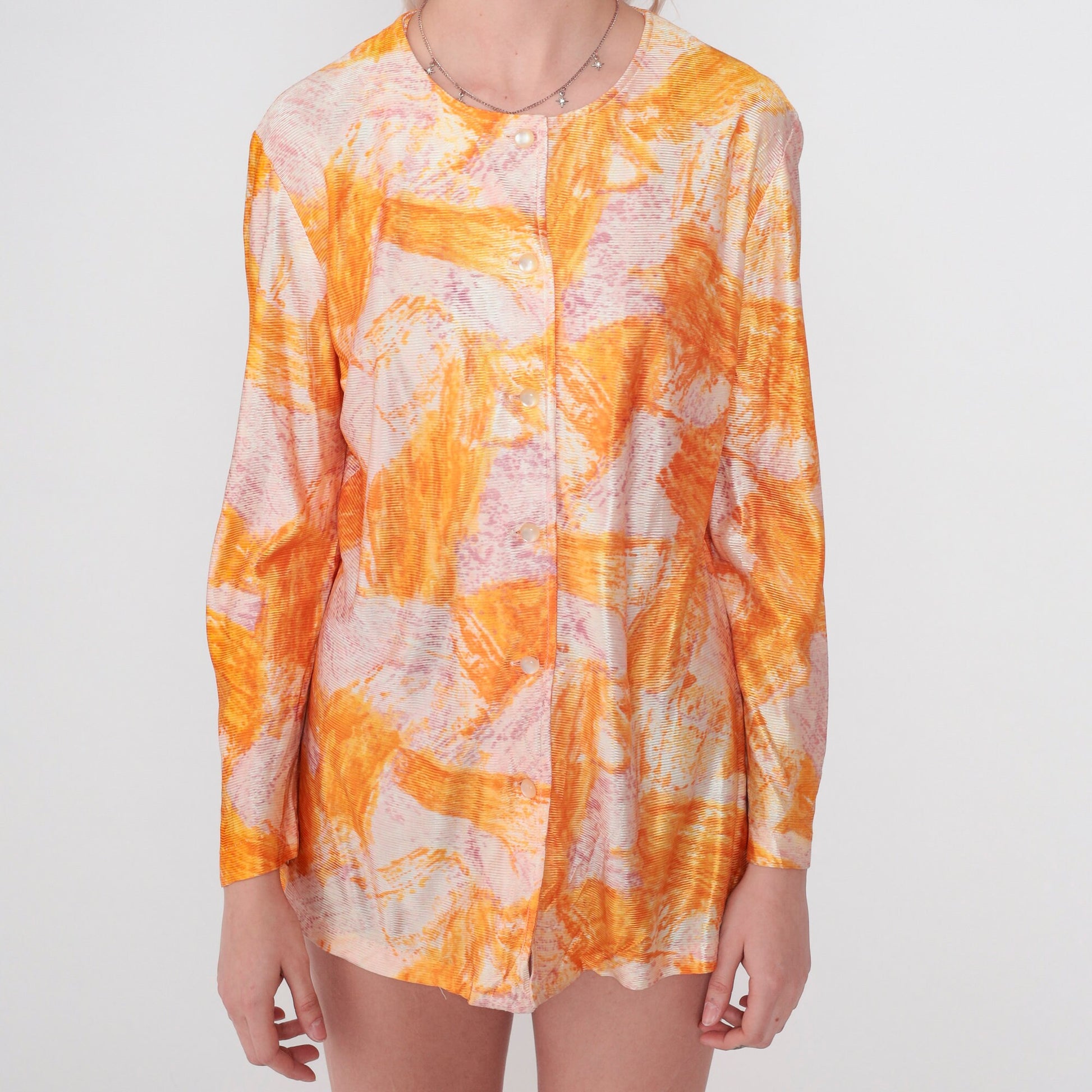 70s Abstract Brushstroke Print Blouse Long Sleeve Button Up Orange Purple Medium