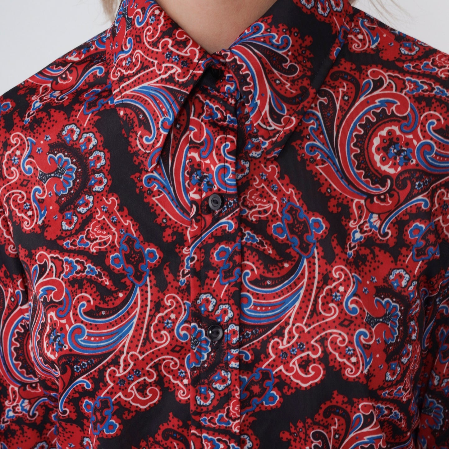 70s Disco Paisley Print Button-Up Blouse Long Sleeve Pointed Collar Black Red Blue Medium