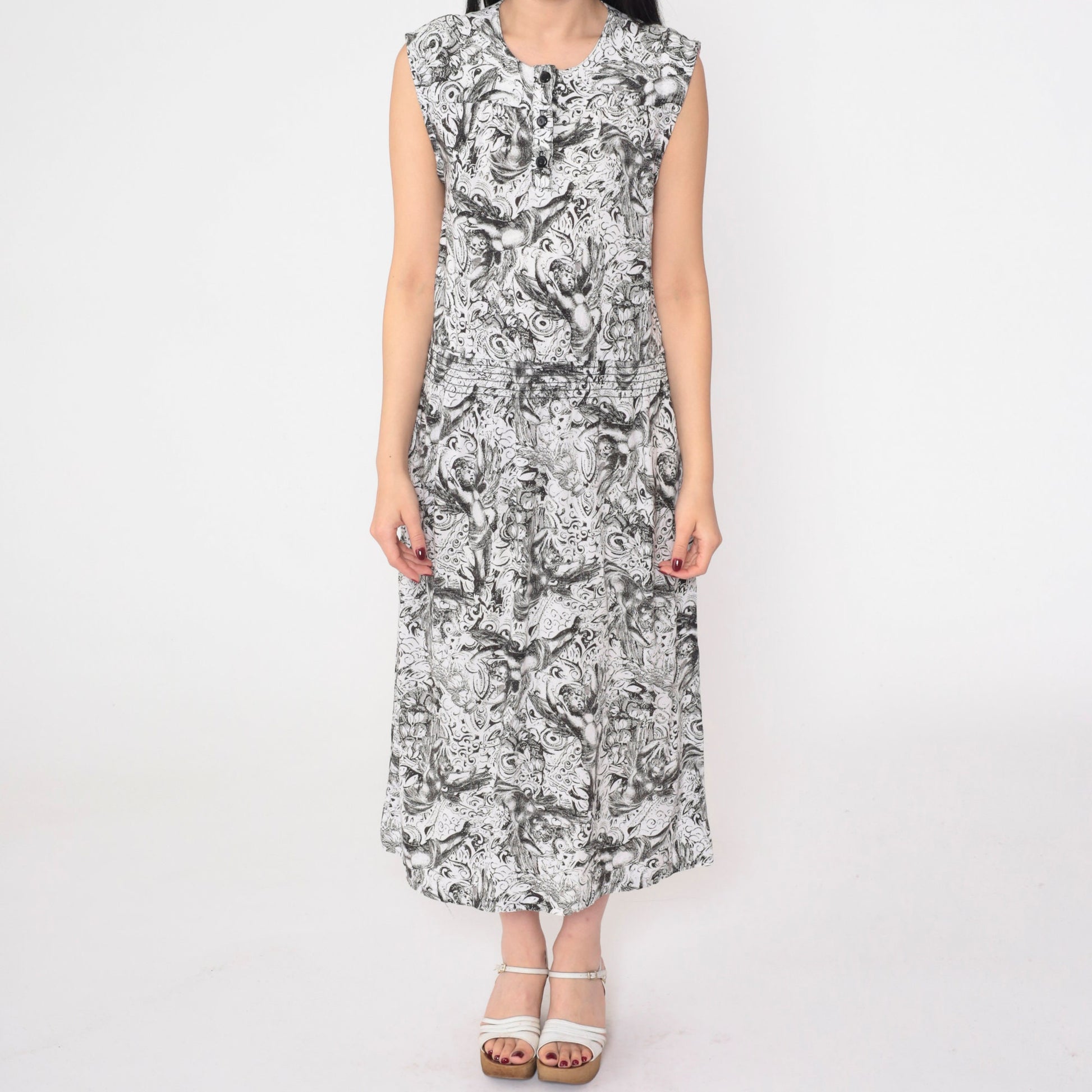 90s Black and White Cherub Print Midi Dress Sleeveless Button Front Small S