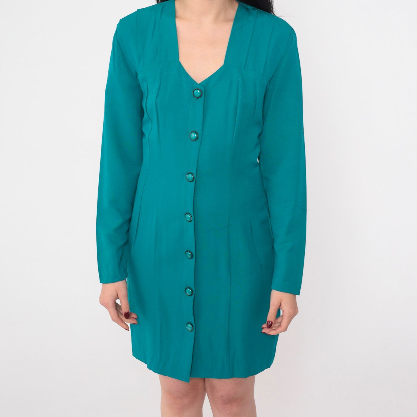 90s All That Jazz Teal Mini Dress Button-Up Long Sleeve V-Neck Small S