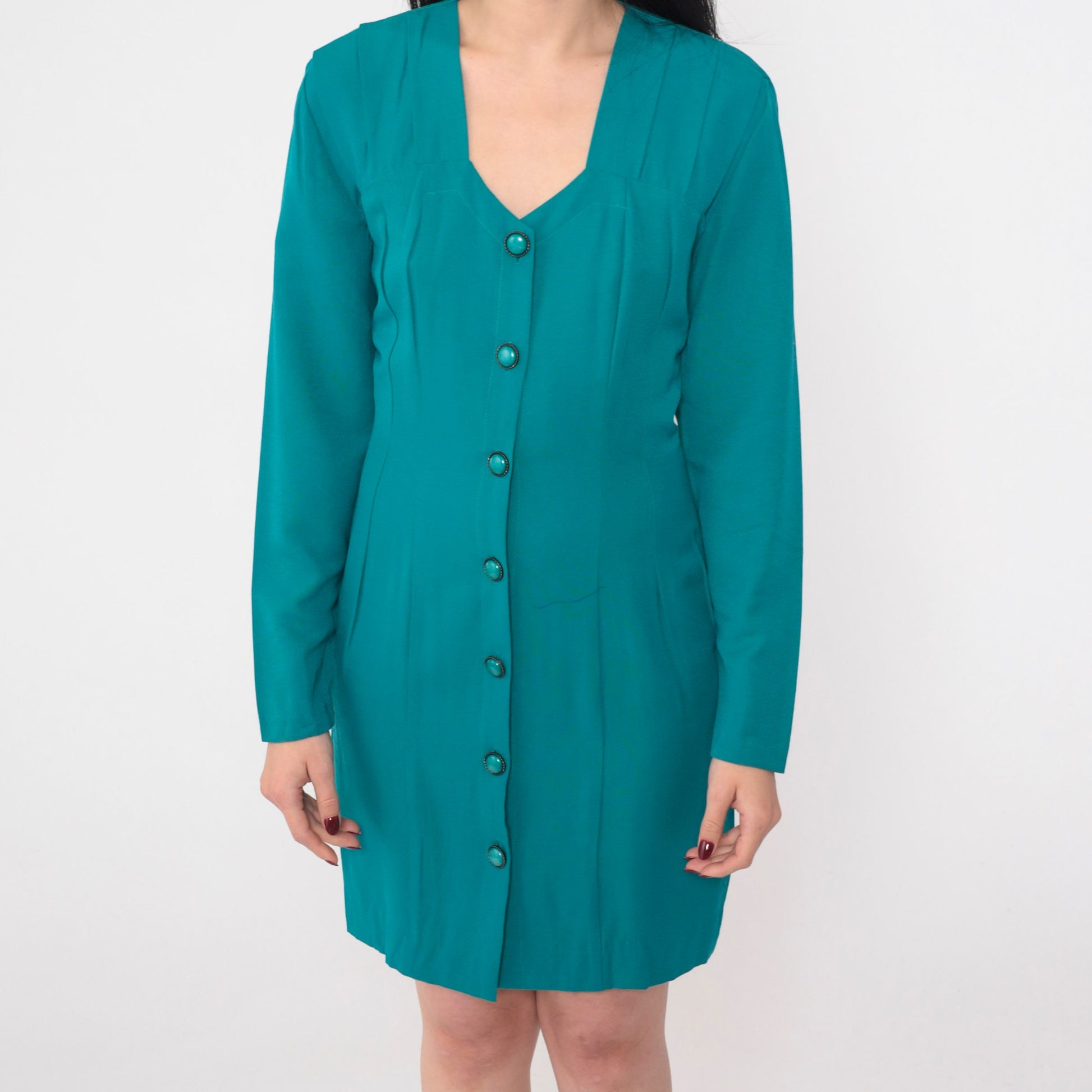 90s All That Jazz Teal Mini Dress Button-Up Long Sleeve V-Neck Small S