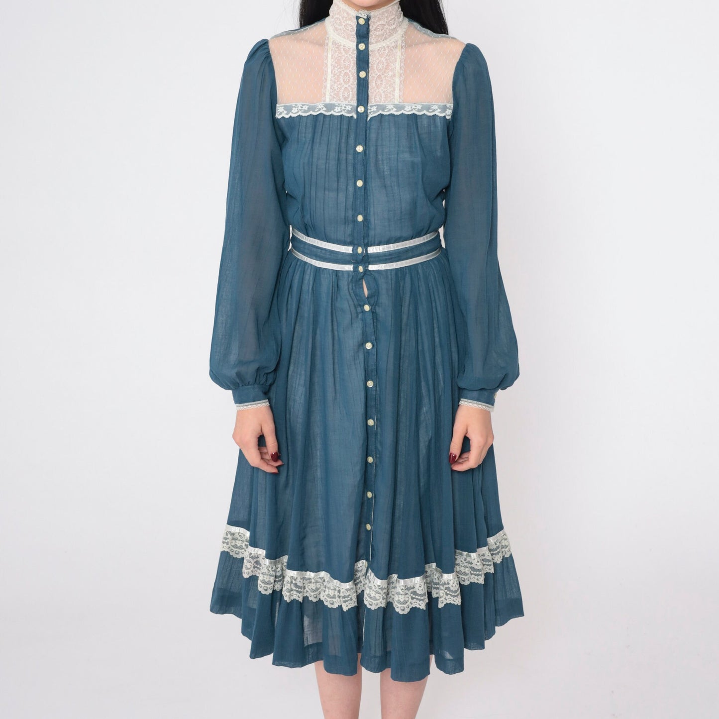 70s Gunne Sax Prairie Midi Dress Blue Lace Puff Sleeve High Waist Extra Small