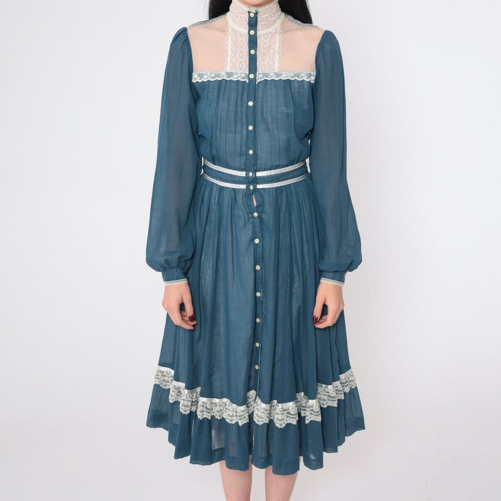 70s Gunne Sax Prairie Midi Dress Blue Lace Puff Sleeve High Waist Extra Small