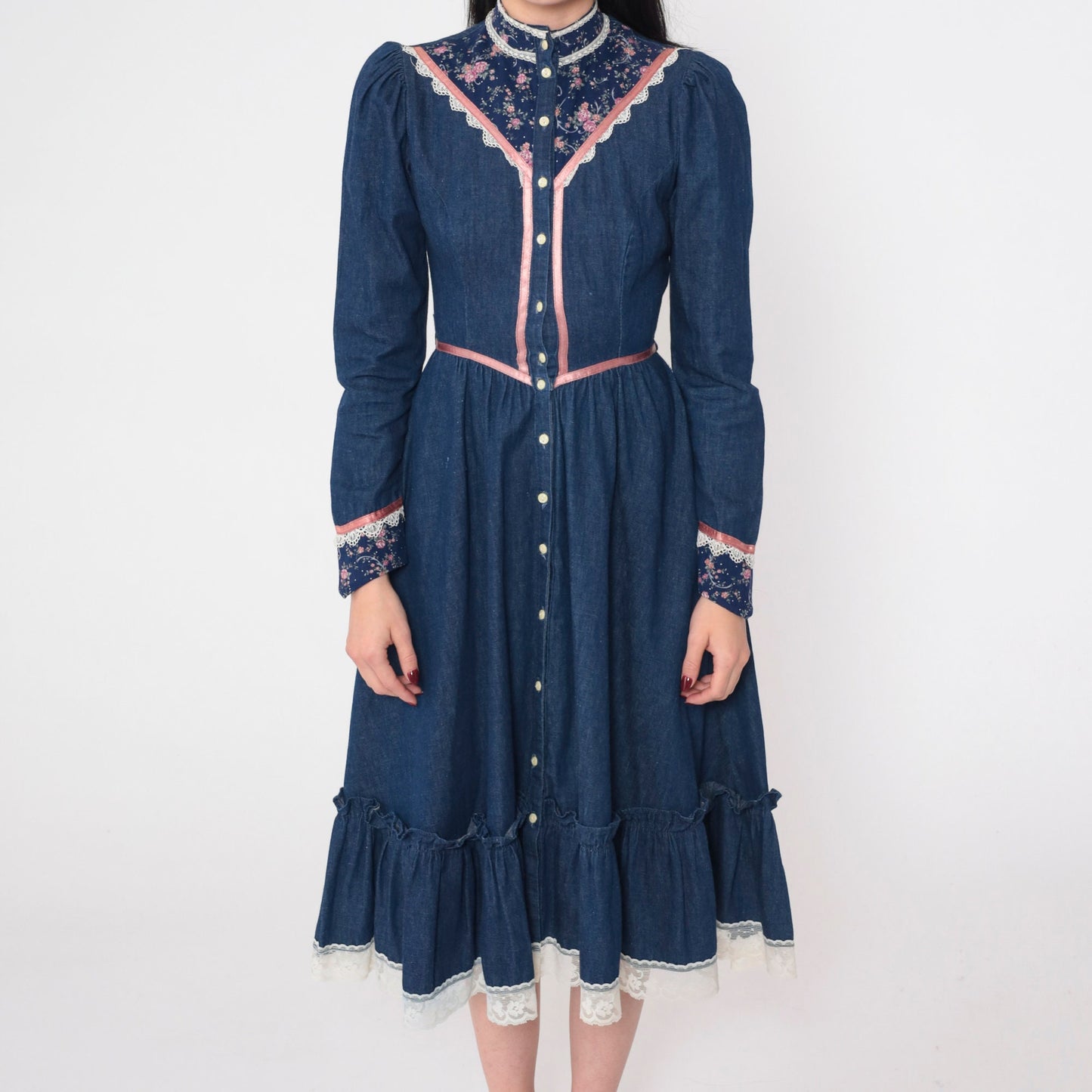 70s Gunne Sax Prairie Dress Blue Denim Calico Floral Puff Sleeve Midi XXS