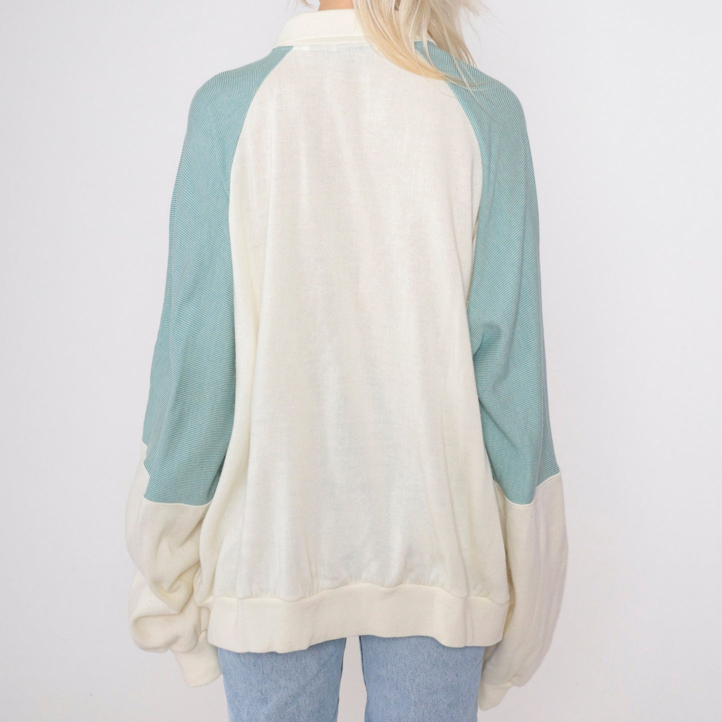 80s High Altitude Castle Mountain Raglan Sweatshirt Cream Striped Sleeve XXL