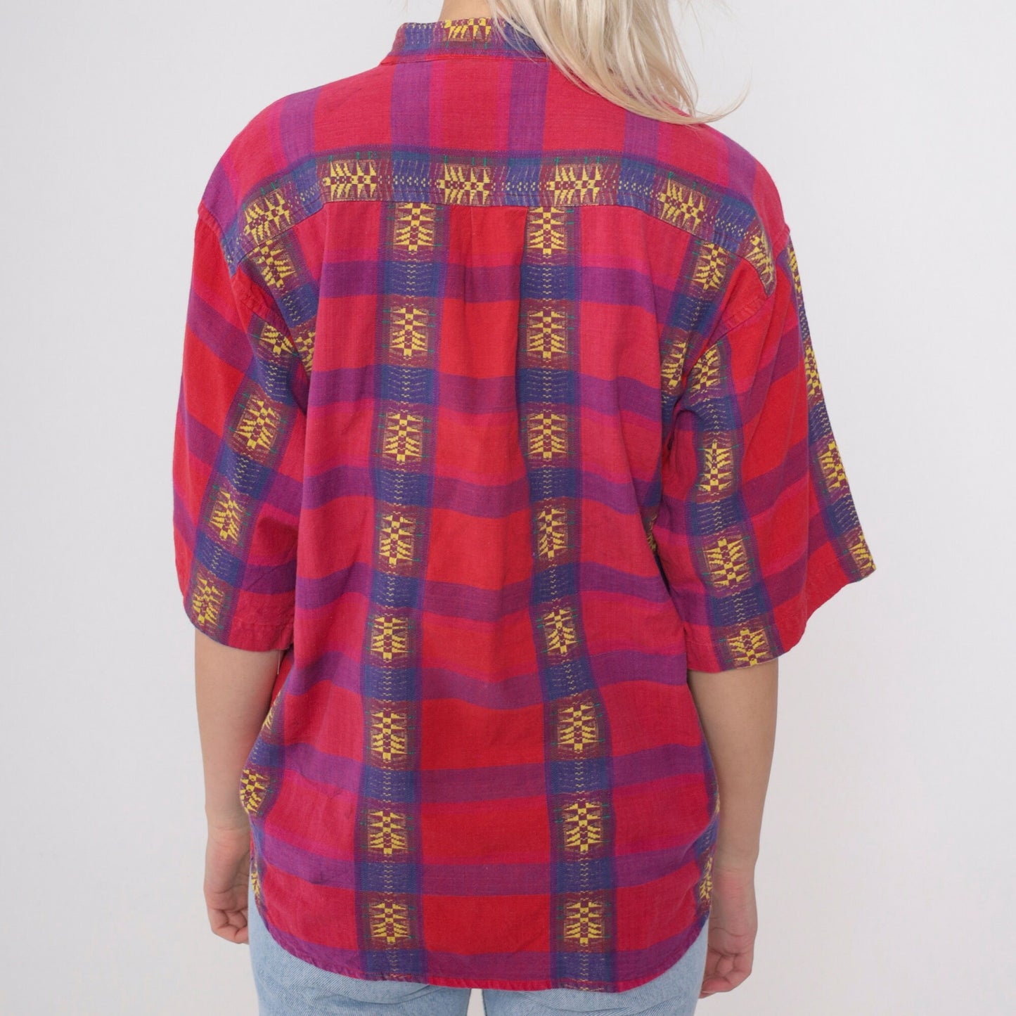 90s Backroad Blues Checkered Shirt Red Purple Geometric Embroidery Mandarin Collar Small