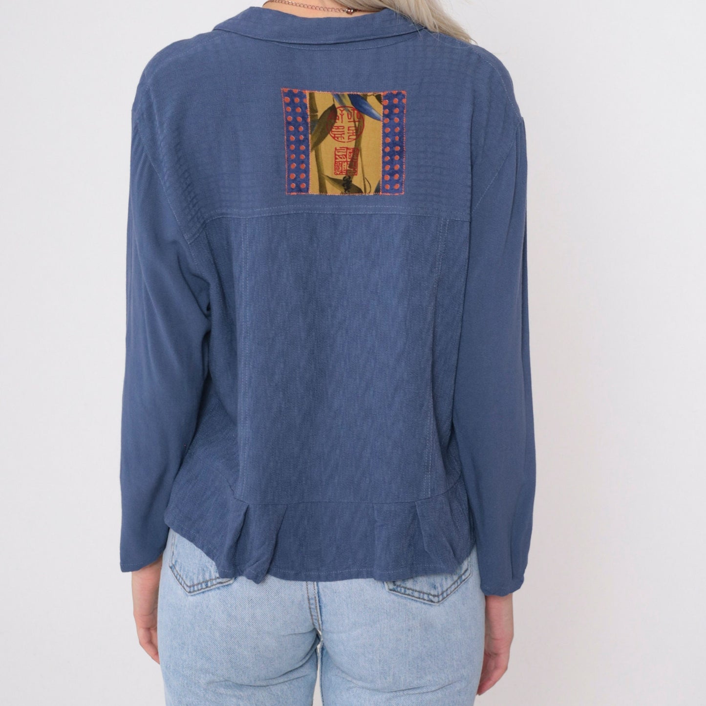 90s Blue Button Up Blouse Asian Chop Stamp Print Textured Yoke Small