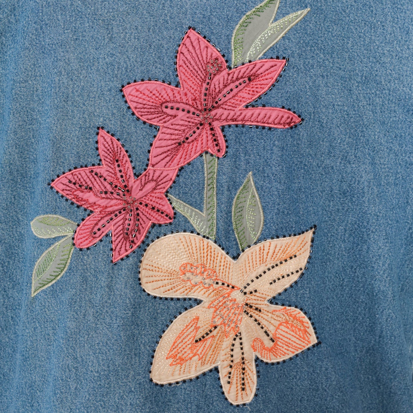 90s Tantrums Denim Jacket Floral Embroidered Beaded Blue Large
