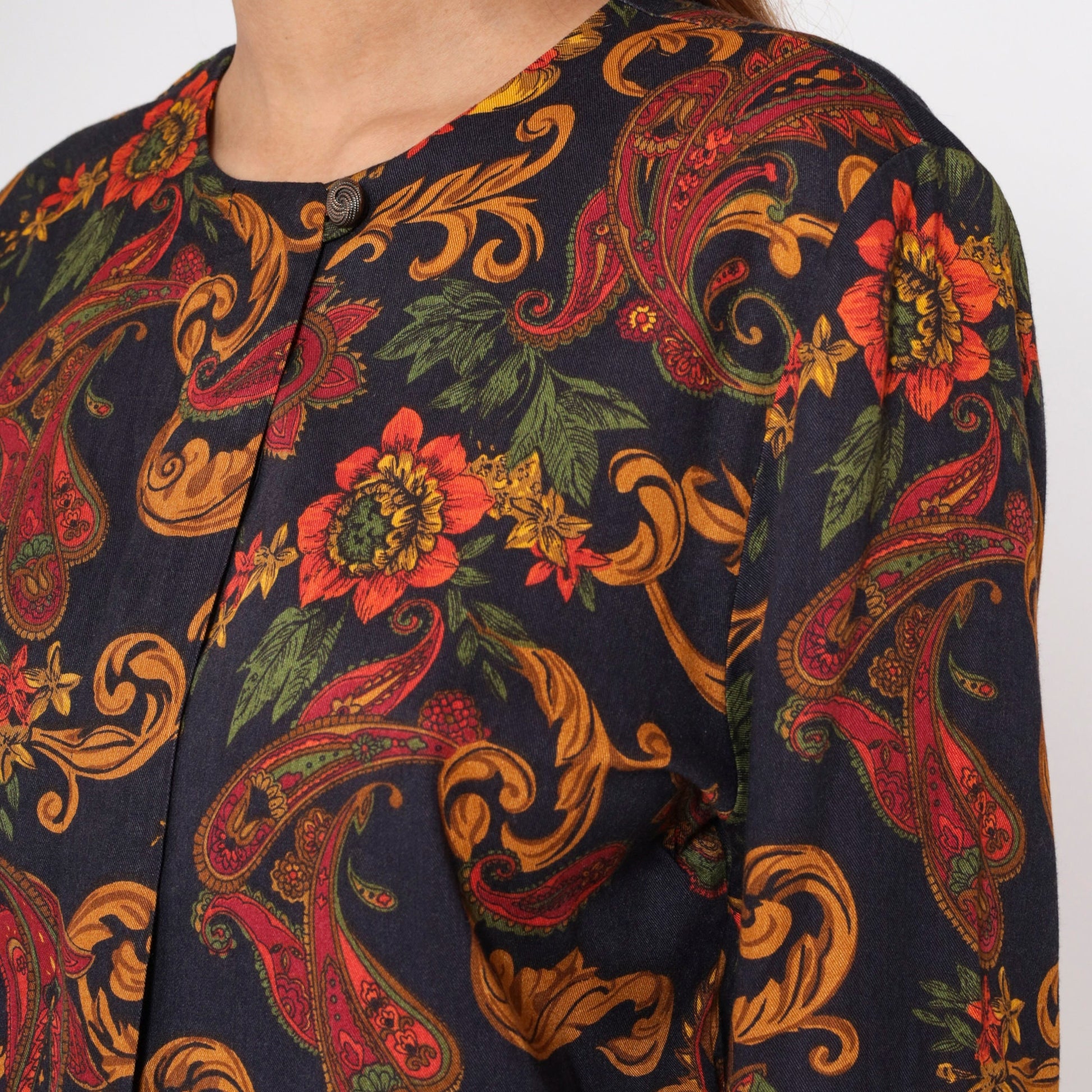 90s Norton McNaughton Paisley Floral Button-Up Blouse Black Gold Long Sleeve Medium