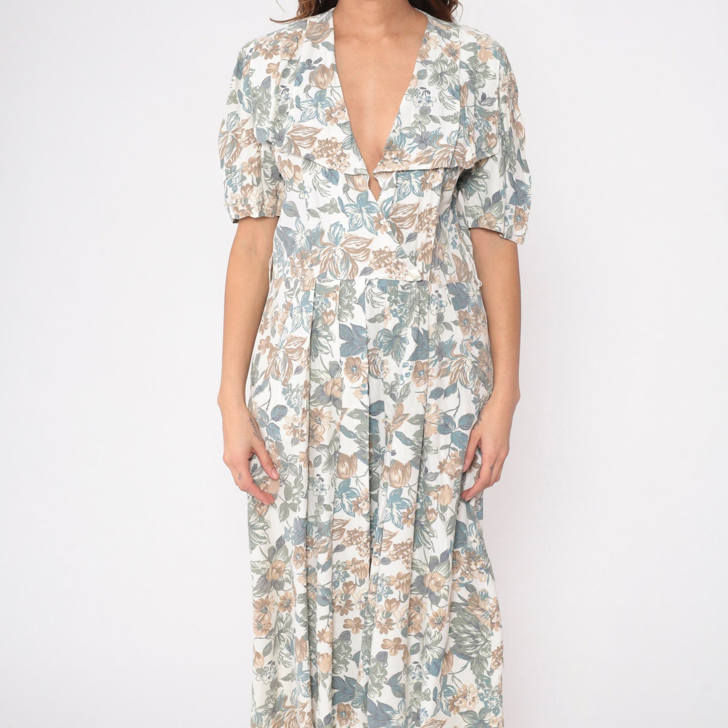 80s Floral Wrap Midi Dress White Puff Sleeve High Waist Pockets Medium