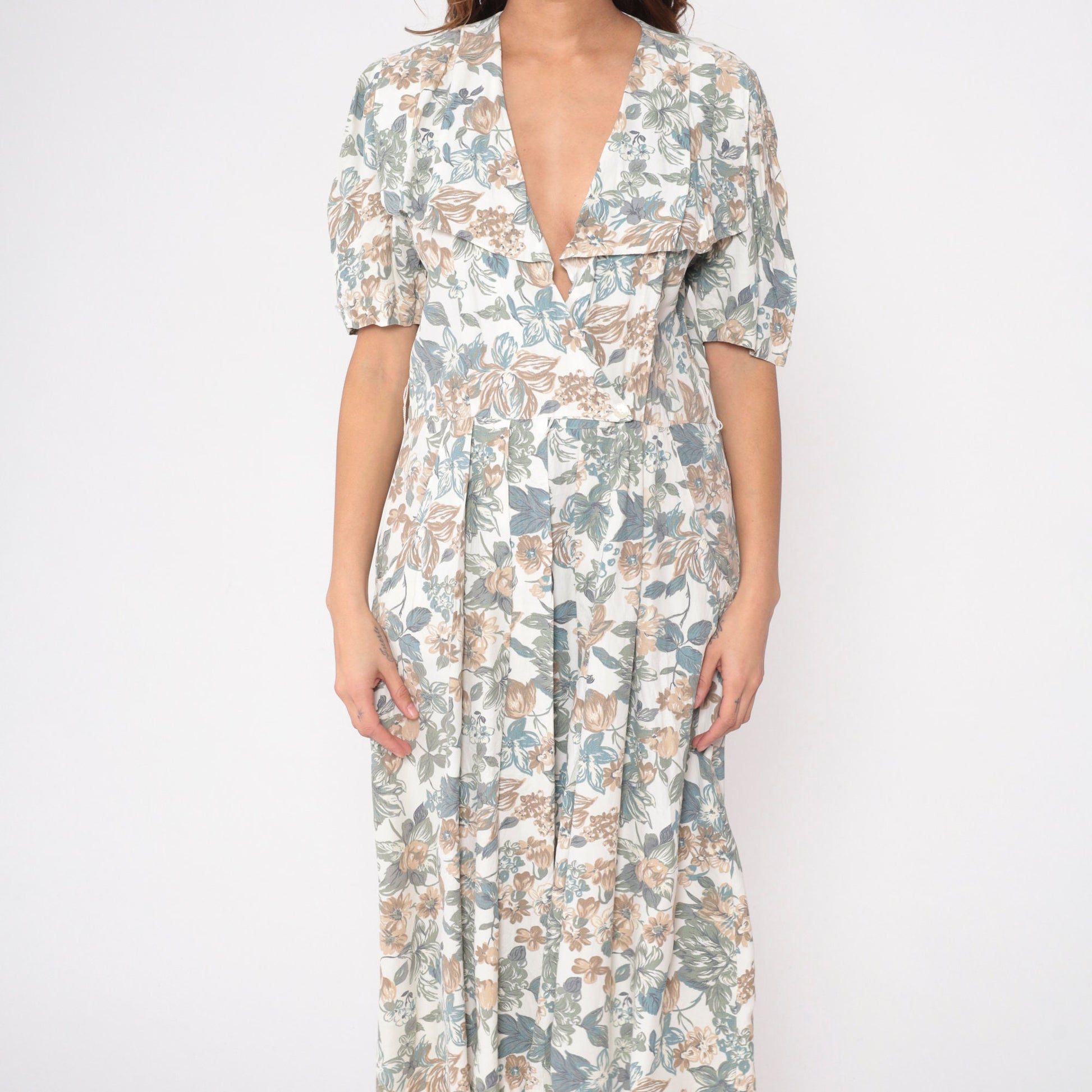 80s Floral Wrap Midi Dress White Puff Sleeve High Waist Pockets Medium