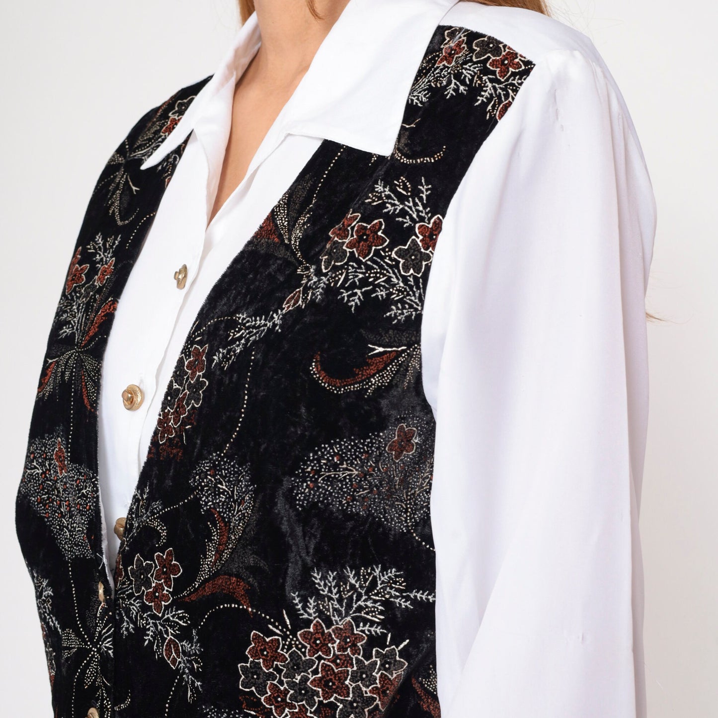 90s Joanna White Button-Up Blouse Black Floral Attached Vest Long Sleeve Large L