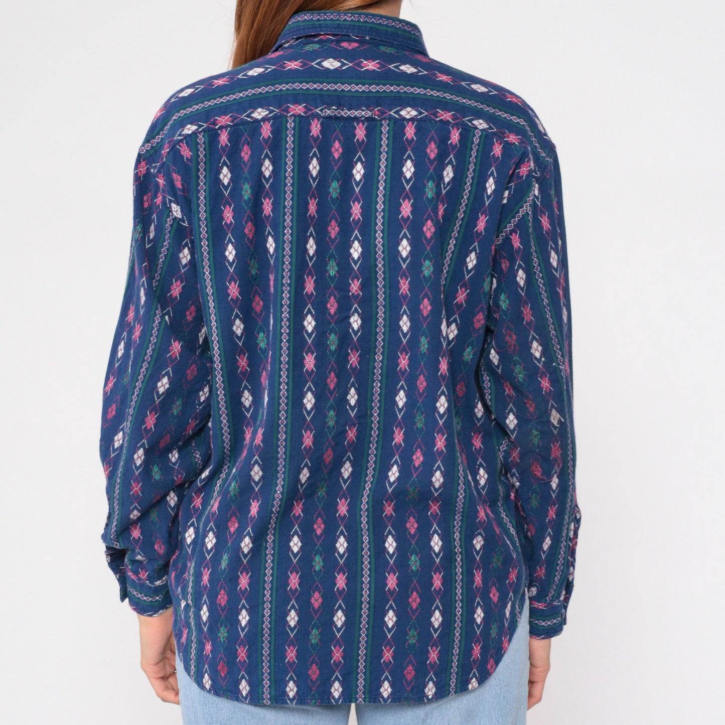 90s Krazy Kat Blue Argyle Diamond Print Button-Up Blouse Long Sleeve Large L