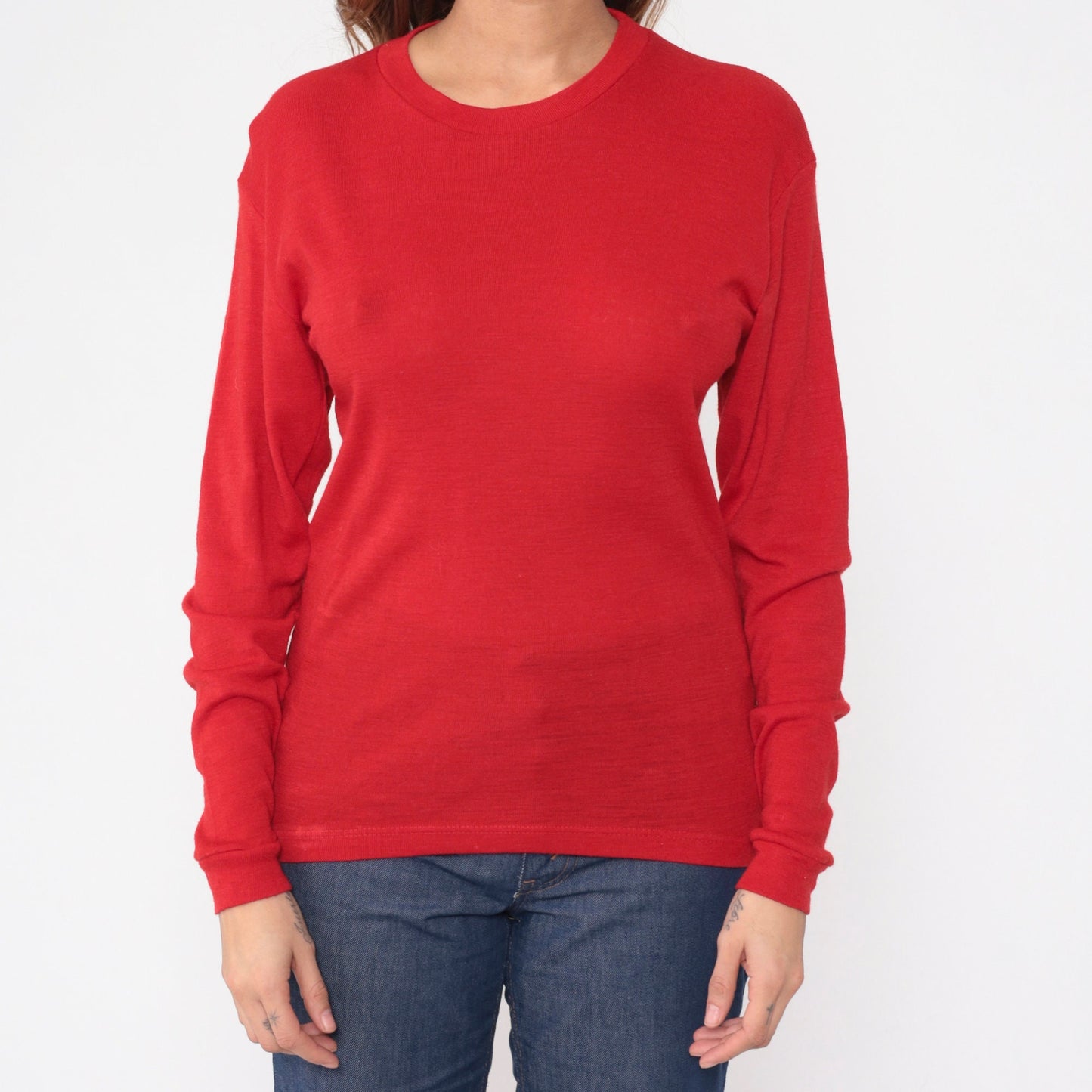 80s Stil Stoknes Thermal Undershirt Red Wool Nylon Long Sleeve Medium