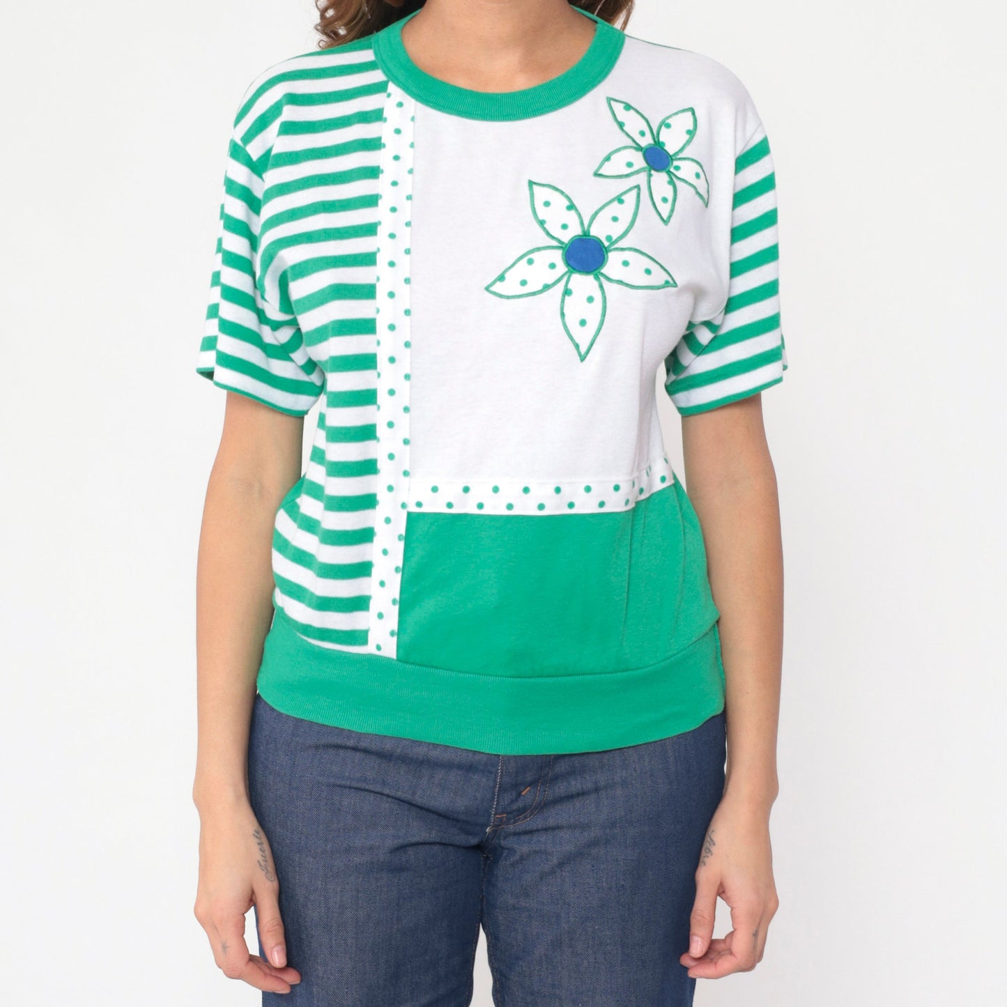 90s Floral Striped Polka Dot Blouse Green White Colour Block Small