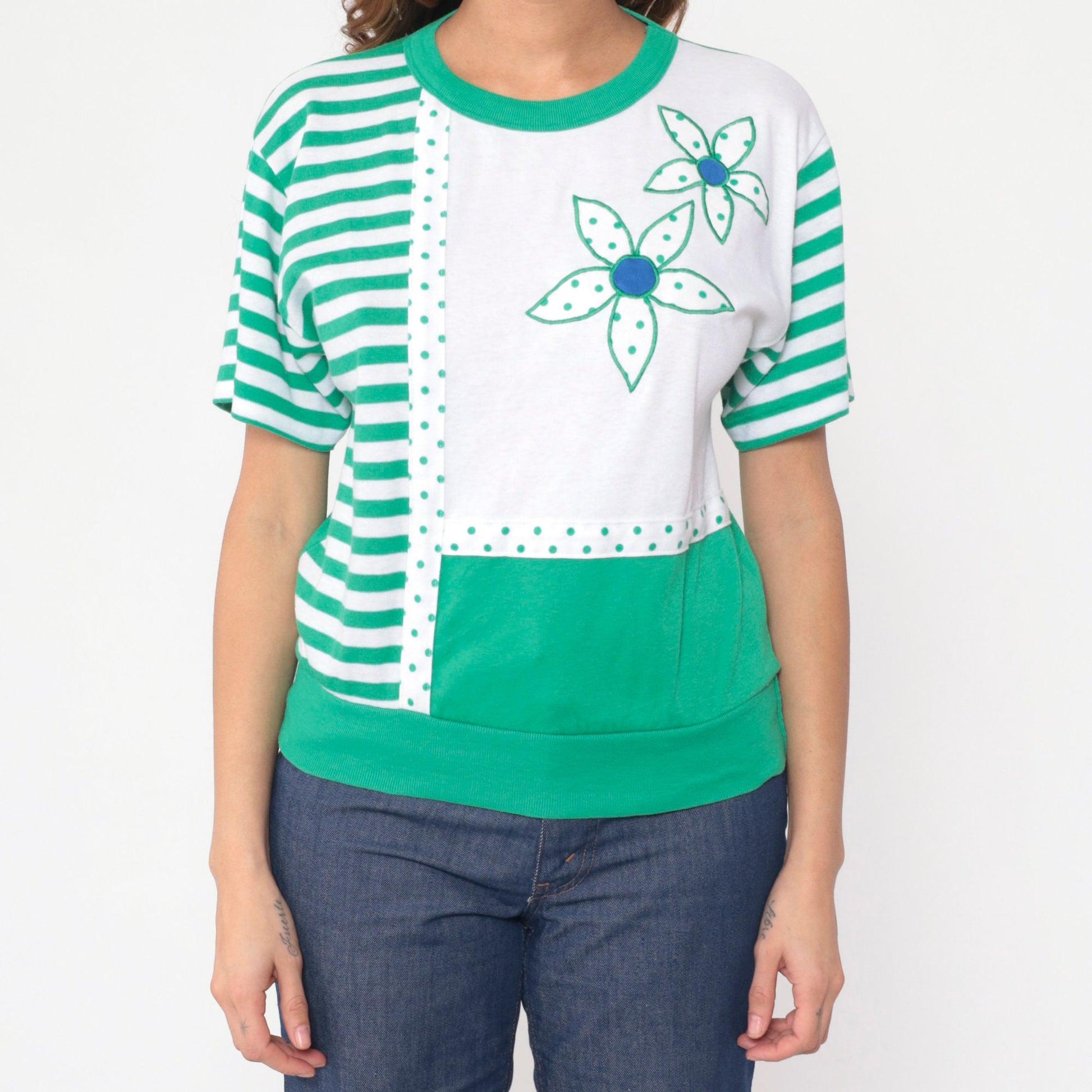 90s Floral Striped Polka Dot Blouse Green White Colour Block Small