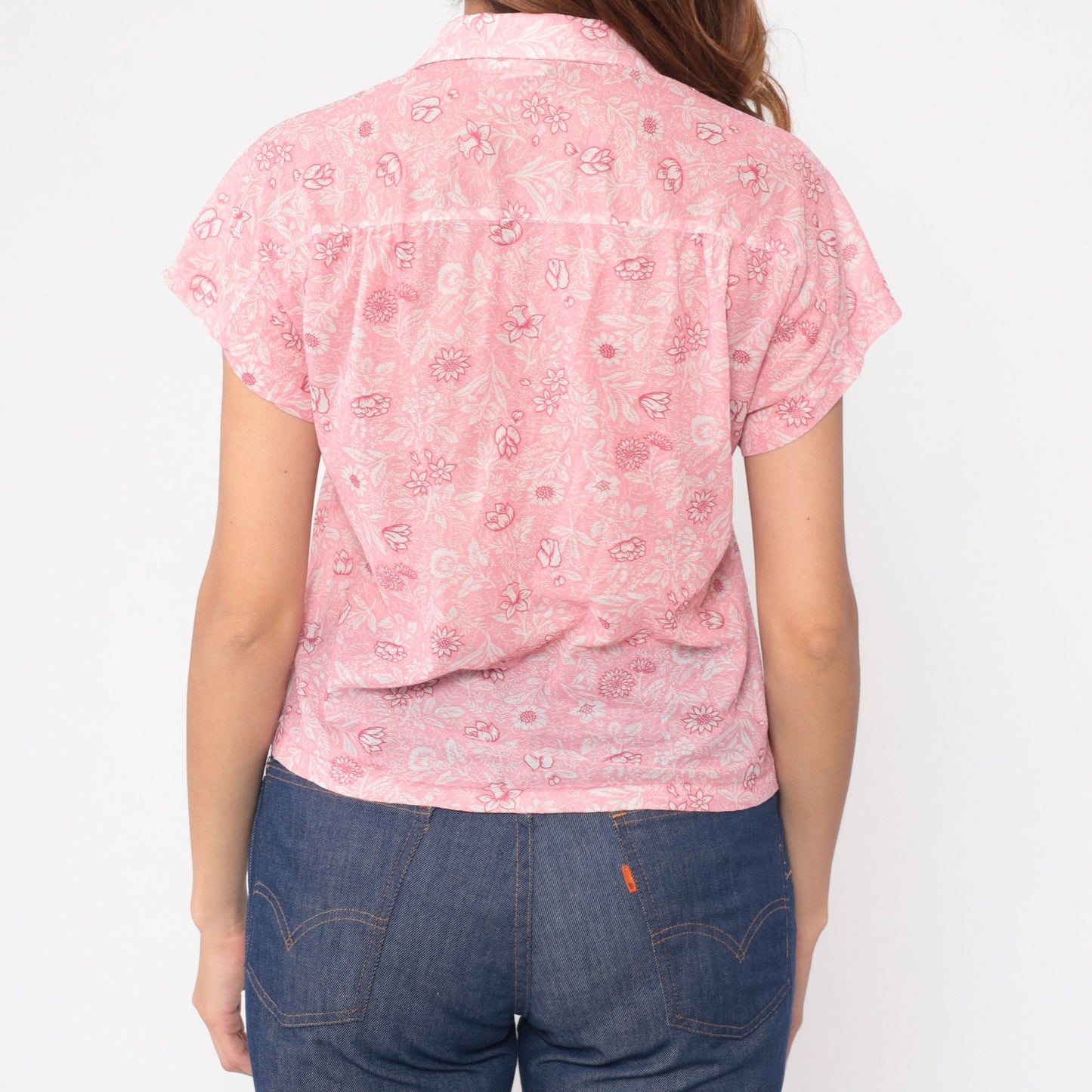 70s Pink Floral Button-Up Blouse Cap Sleeve Semi-Sheer Medium