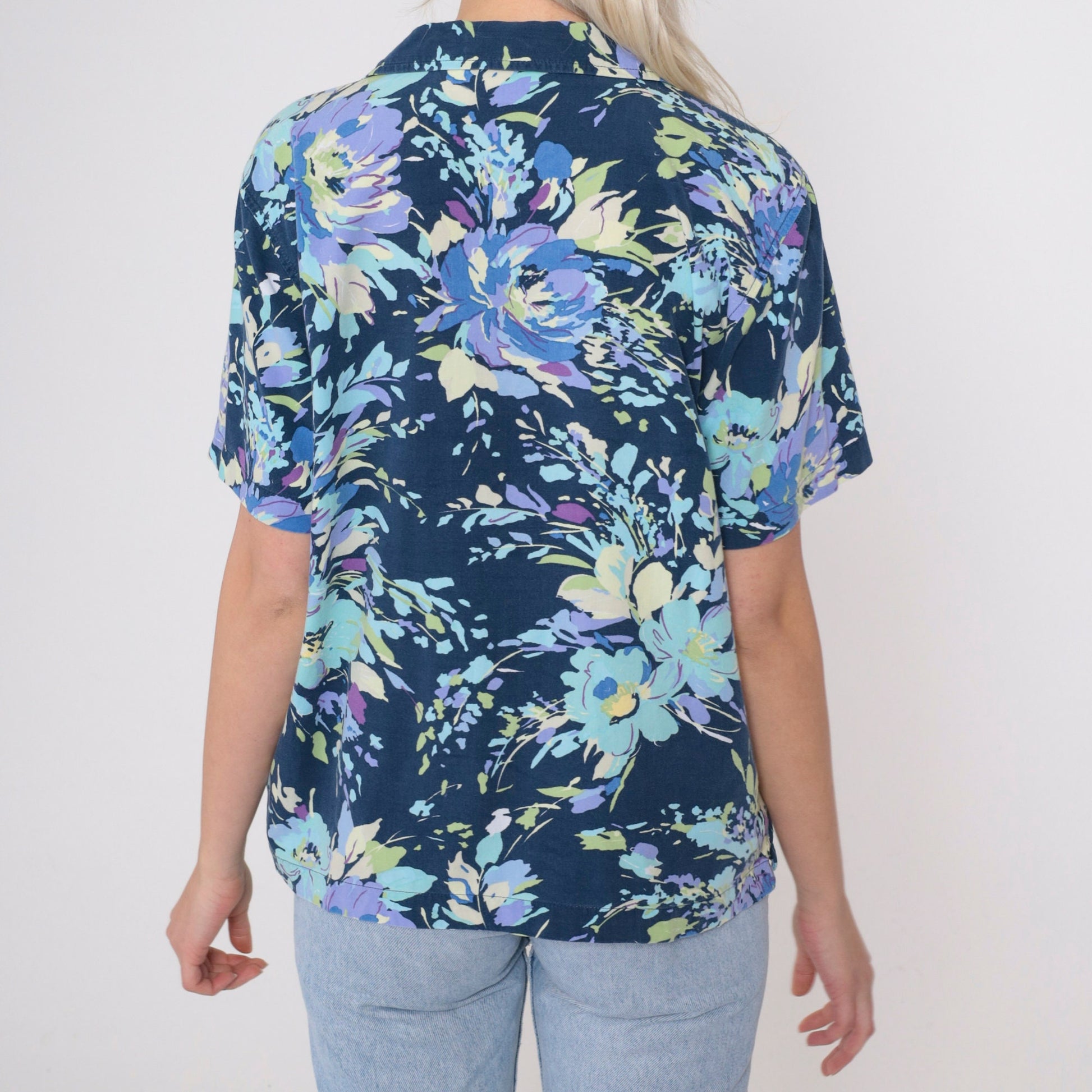 90s Floral Blouse Dark Blue Short Sleeve Button Up Shirt Medium