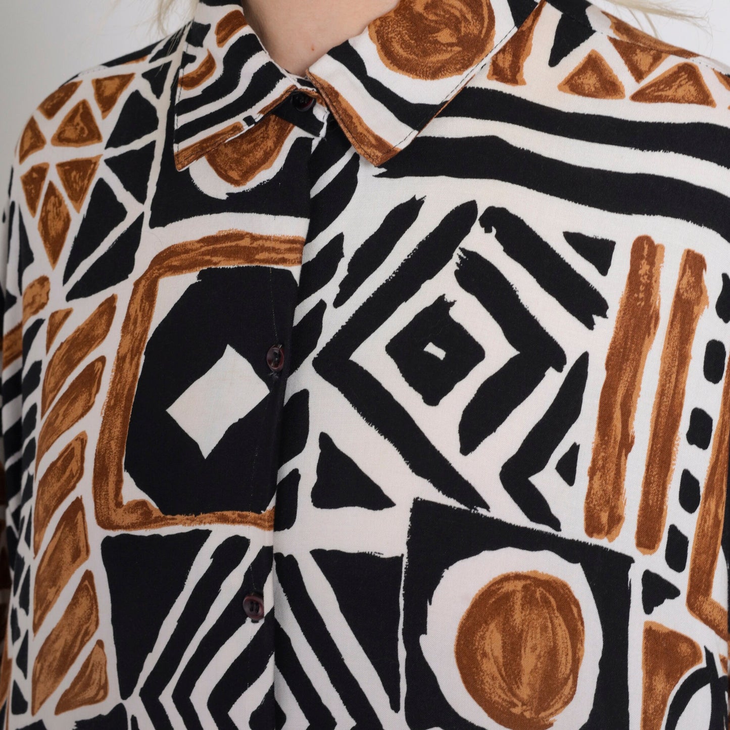 90s Kathie Lee Plus Geometric Safari Print Button Up Blouse Brown Black Extra Large XXL