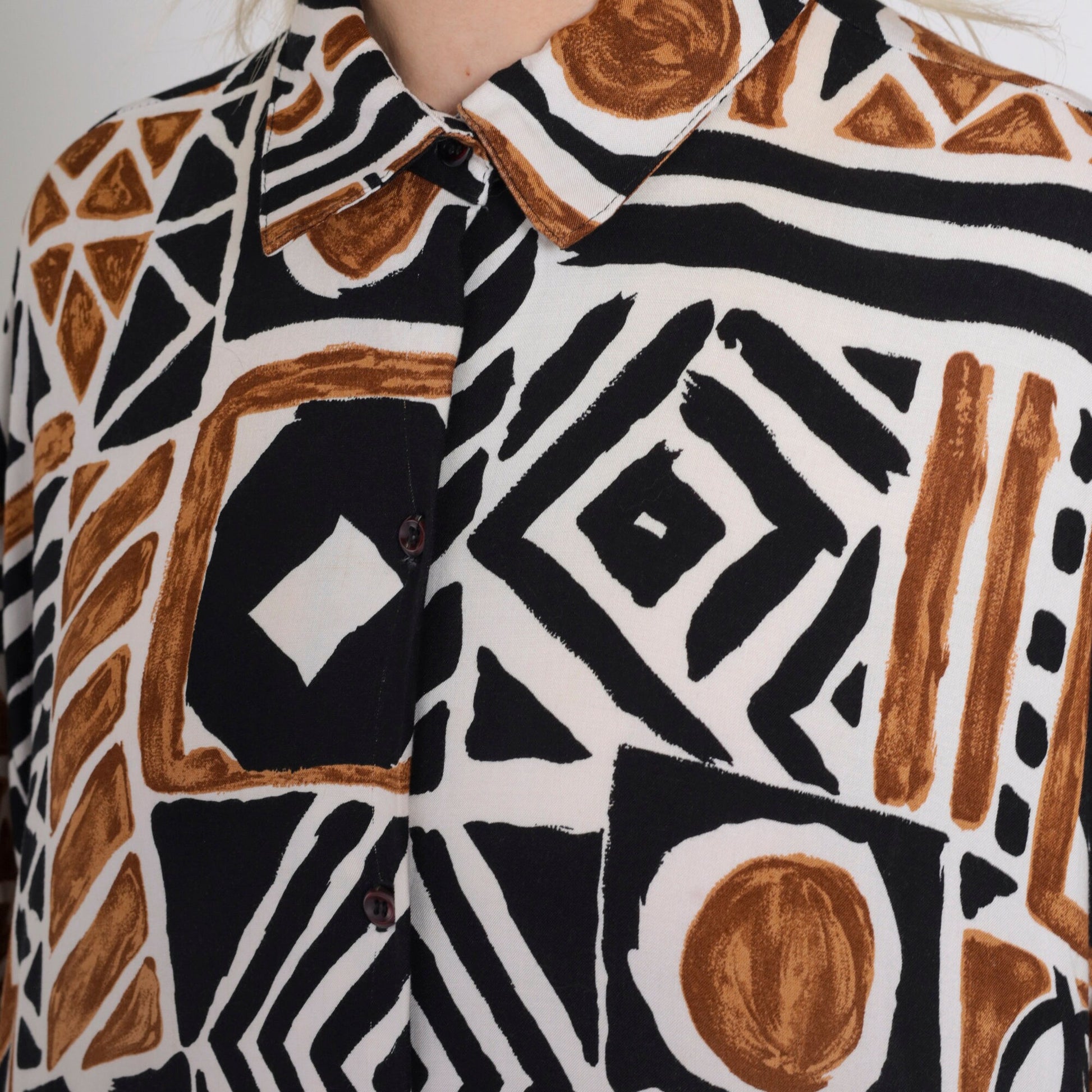 90s Kathie Lee Plus Geometric Safari Print Button Up Blouse Brown Black Extra Large XXL