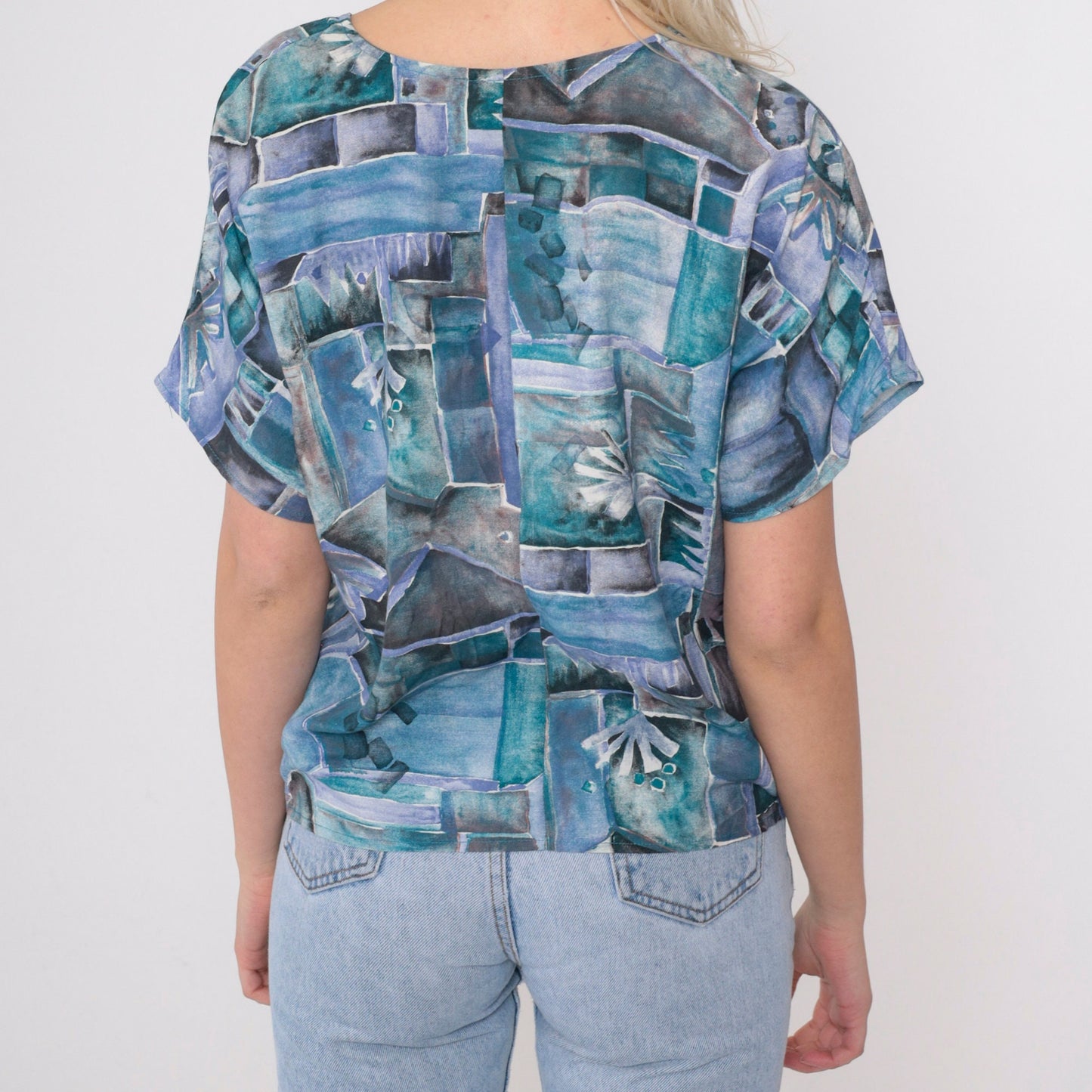 90s Susan Burrowes Watercolor Geometric Blouse Blue Short Sleeve Petite 6