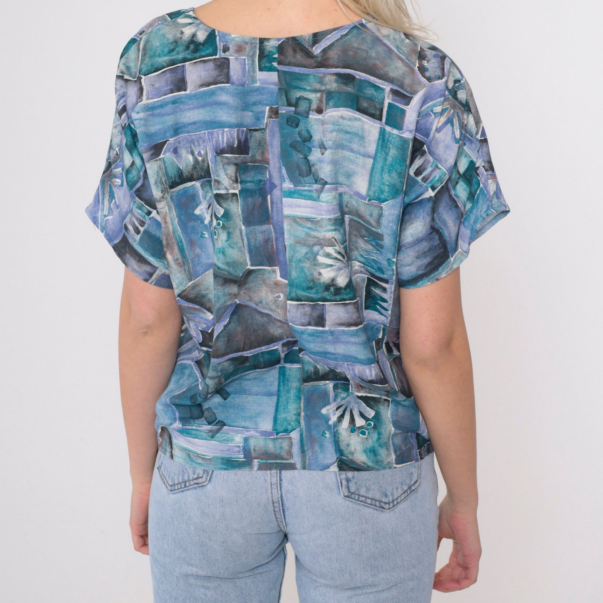 90s Susan Burrowes Watercolor Geometric Blouse Blue Short Sleeve Petite 6