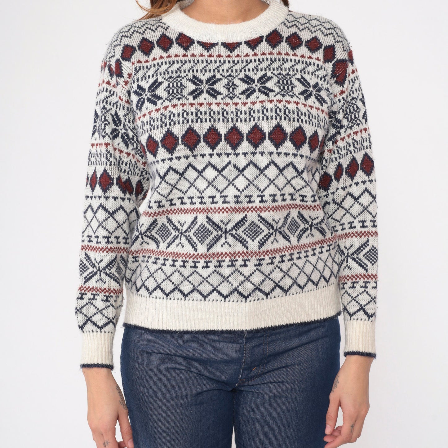 80s Fair Isle Snowflake Sweater White Navy Crewneck Pullover Extra Small