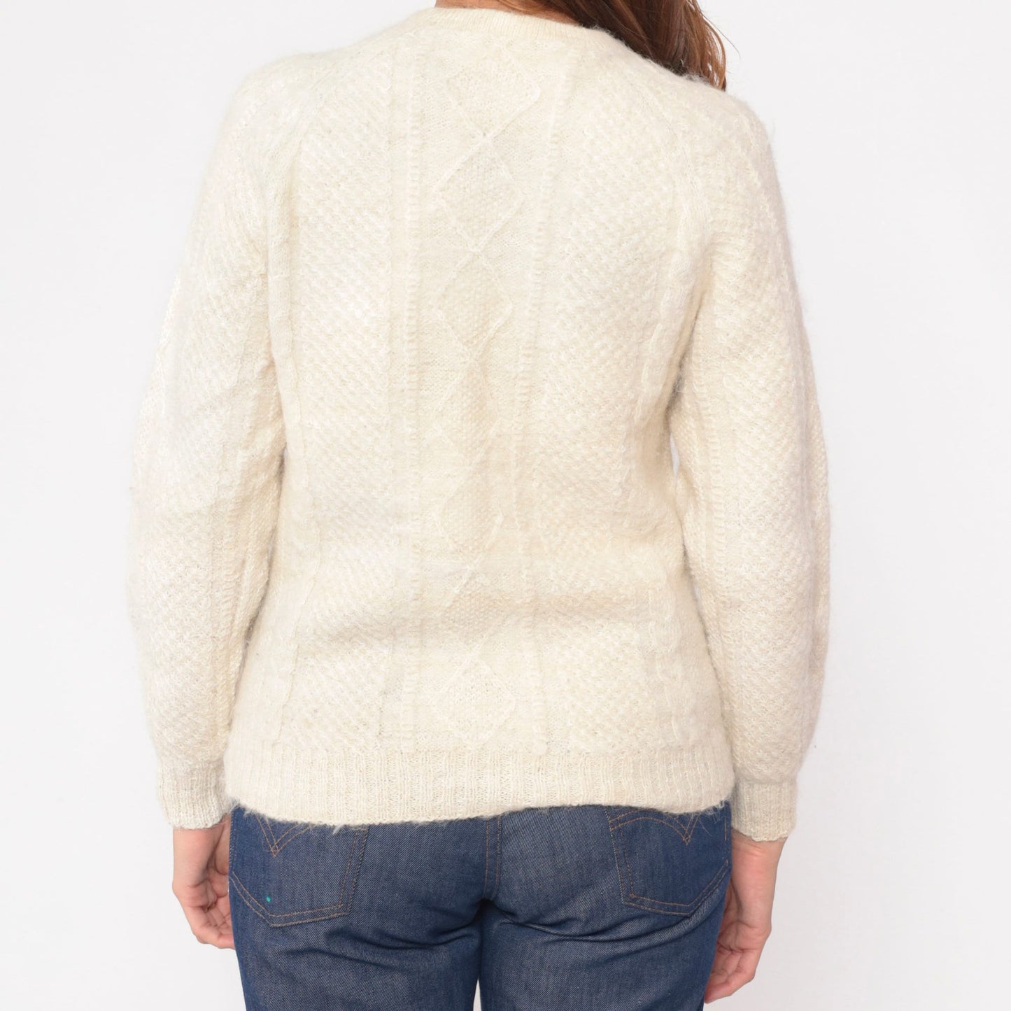 80s Aymara Alpaca Wool Cable Knit Sweater Cream Raglan Small S