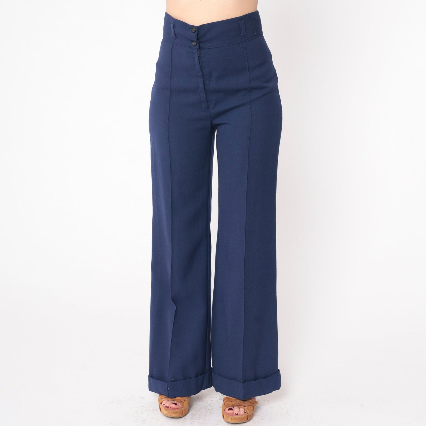 70s Navy Bell Bottom Trousers High Waist Cuffed Creased Slacks Small