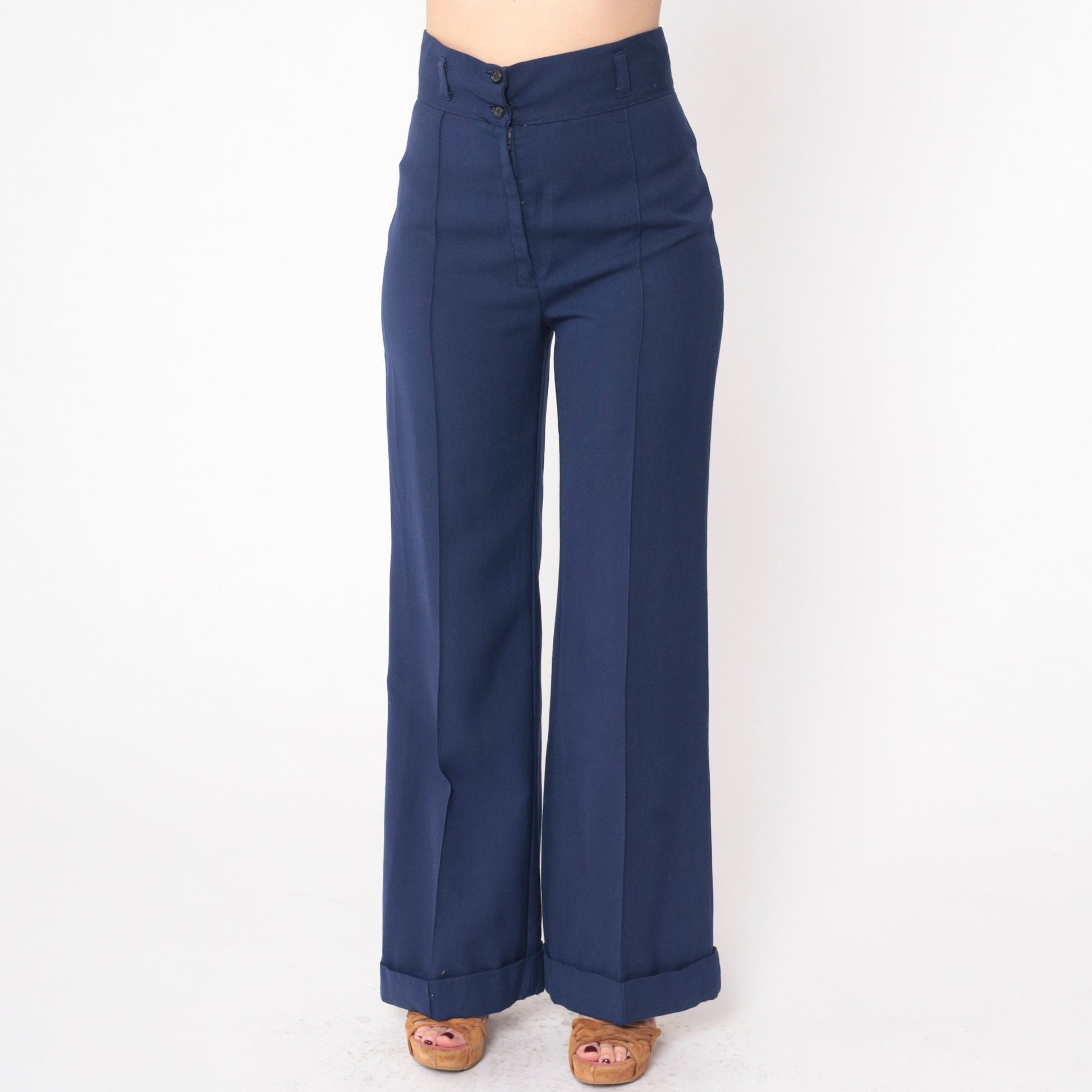 70s Navy Bell Bottom Trousers High Waist Cuffed Creased Slacks Small