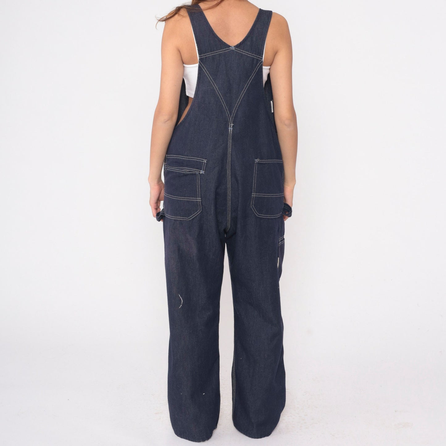 70s Toughskins Dark Blue Denim Bib Overalls Straight Leg Men's 40x30