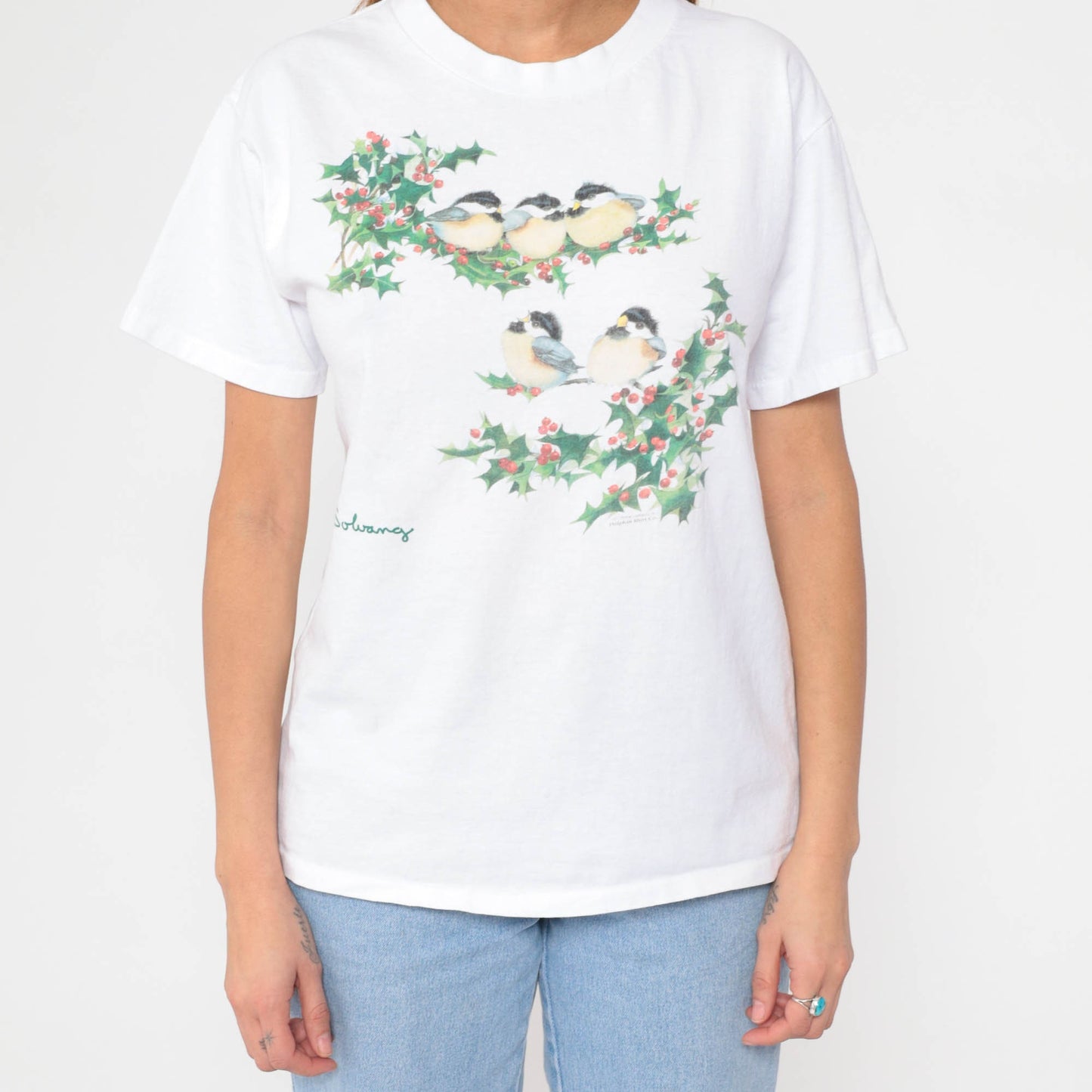 90s Solvang Chickadee Holly Graphic T-Shirt White Cotton Single Stitch Medium