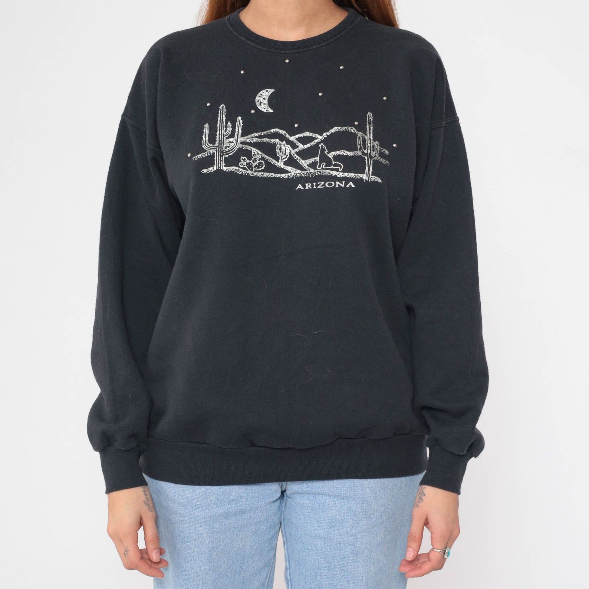 90s Arizona Coyote Desert Sweatshirt Black Beaded Graphic Crewneck Large L