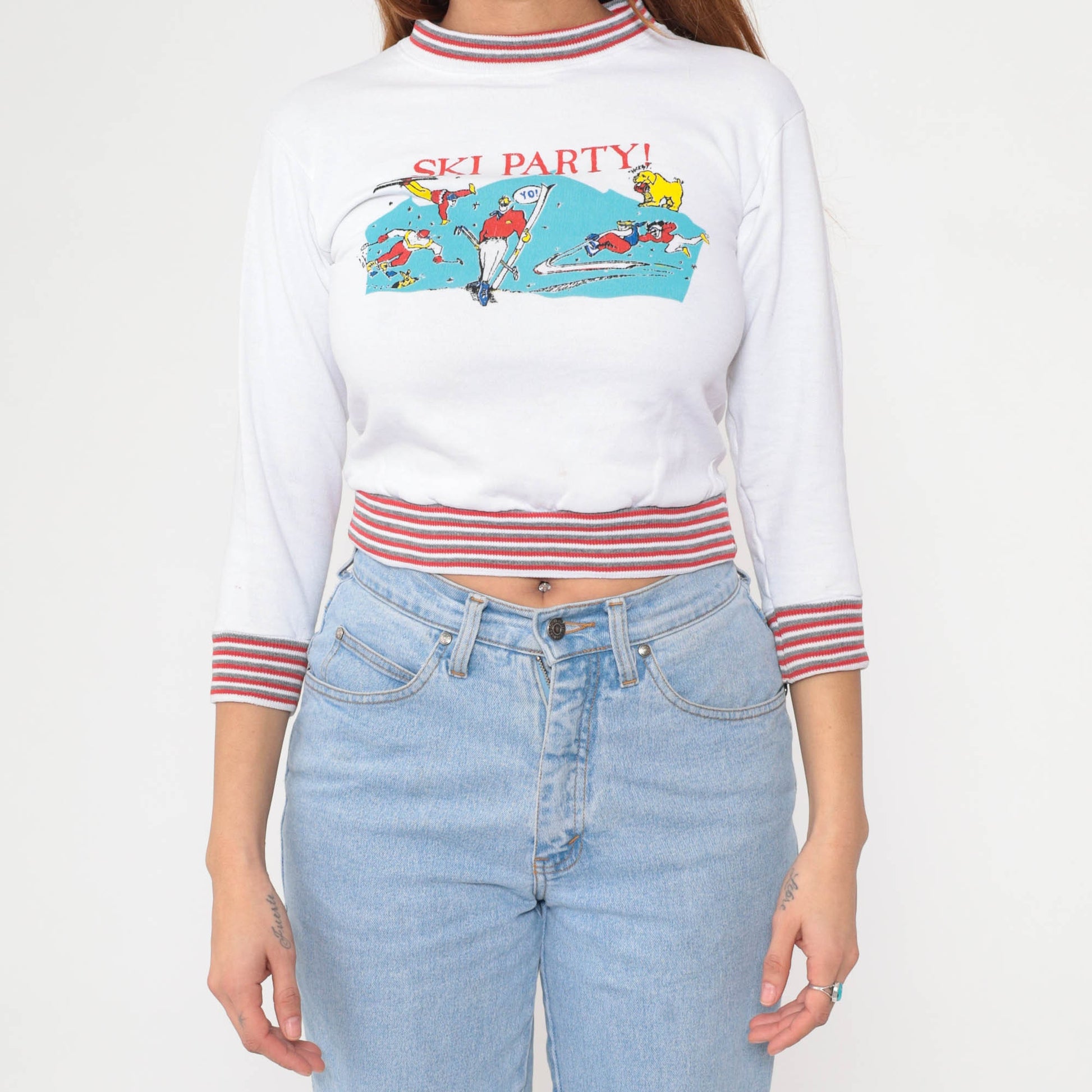 90s Ski Party Cartoon Ringer Sweatshirt Cropped White XXS