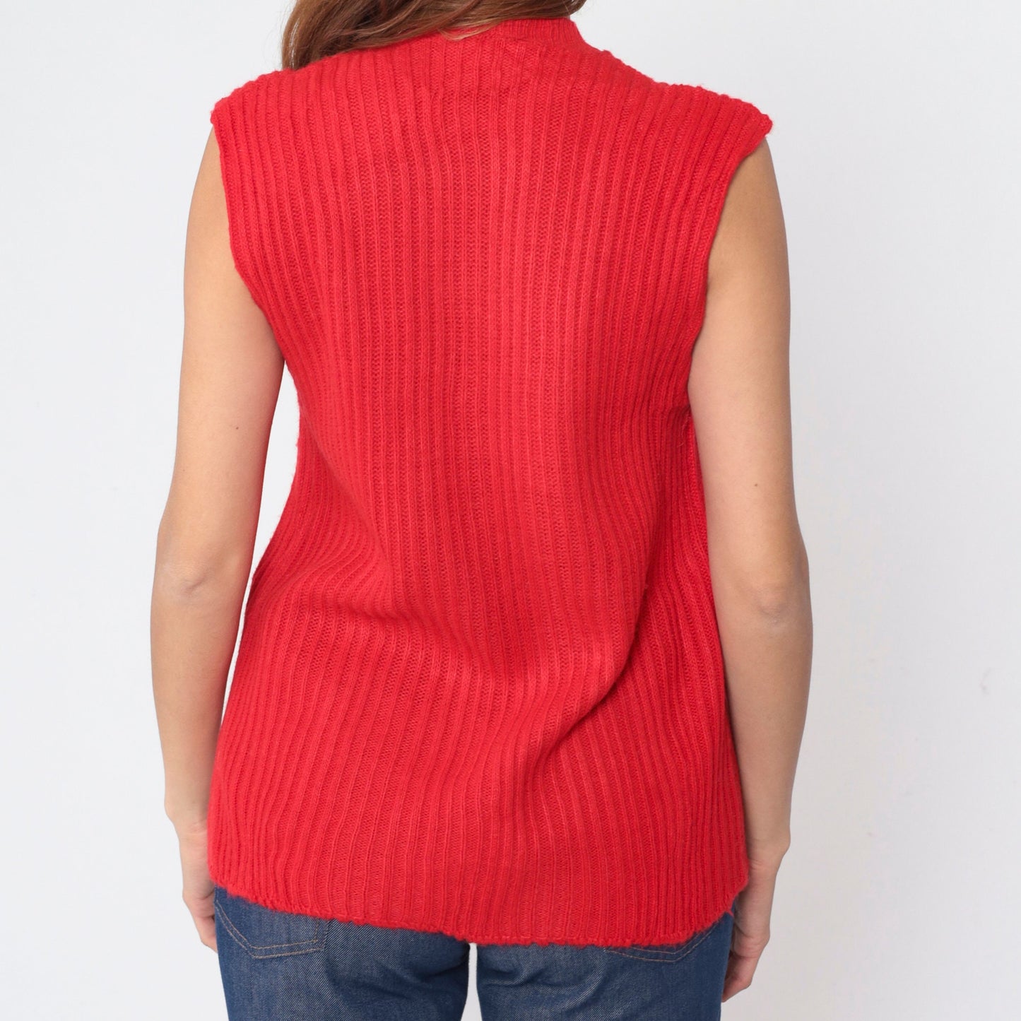70s Red Ribbed Knit Sweater Vest V-Neck Sleeveless Pullover Large L