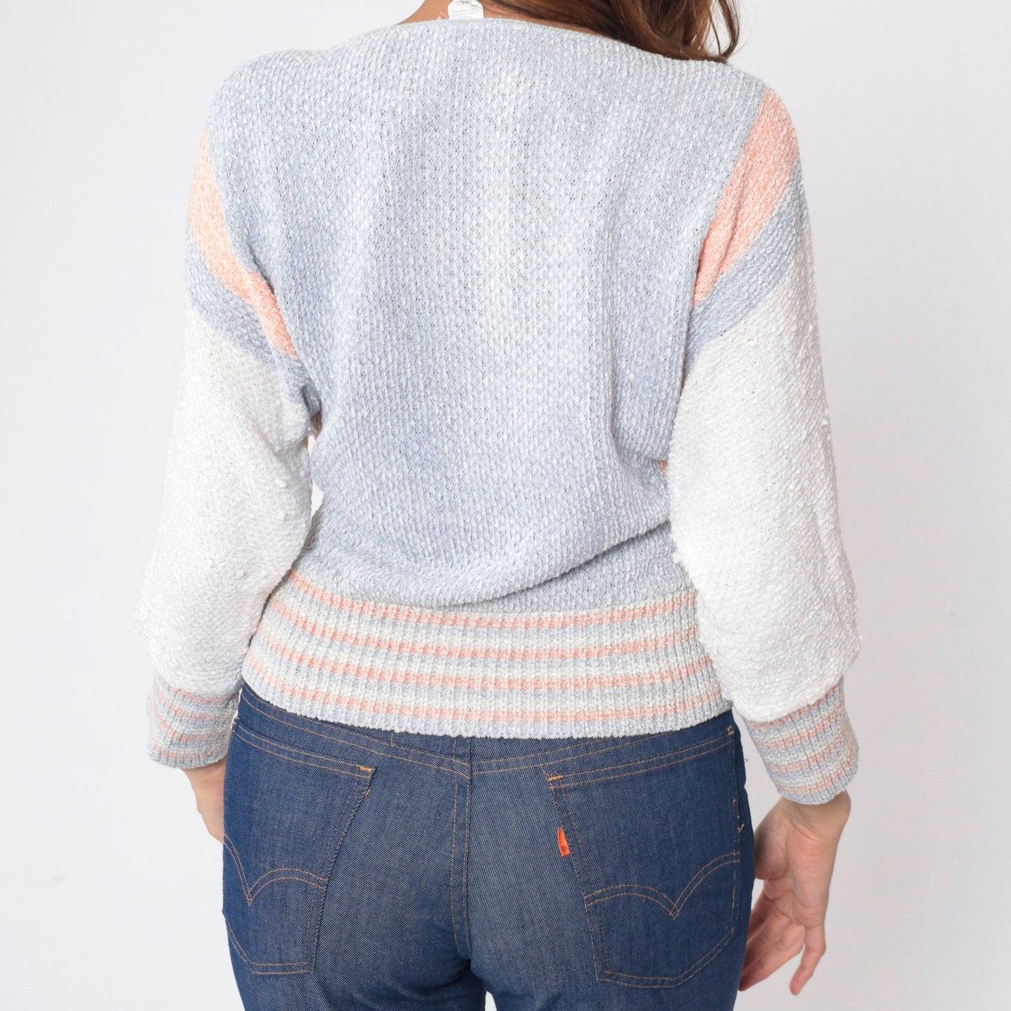 70s Dolman Sleeve Knit Sweater Grey Orange White Striped Colorblock Small