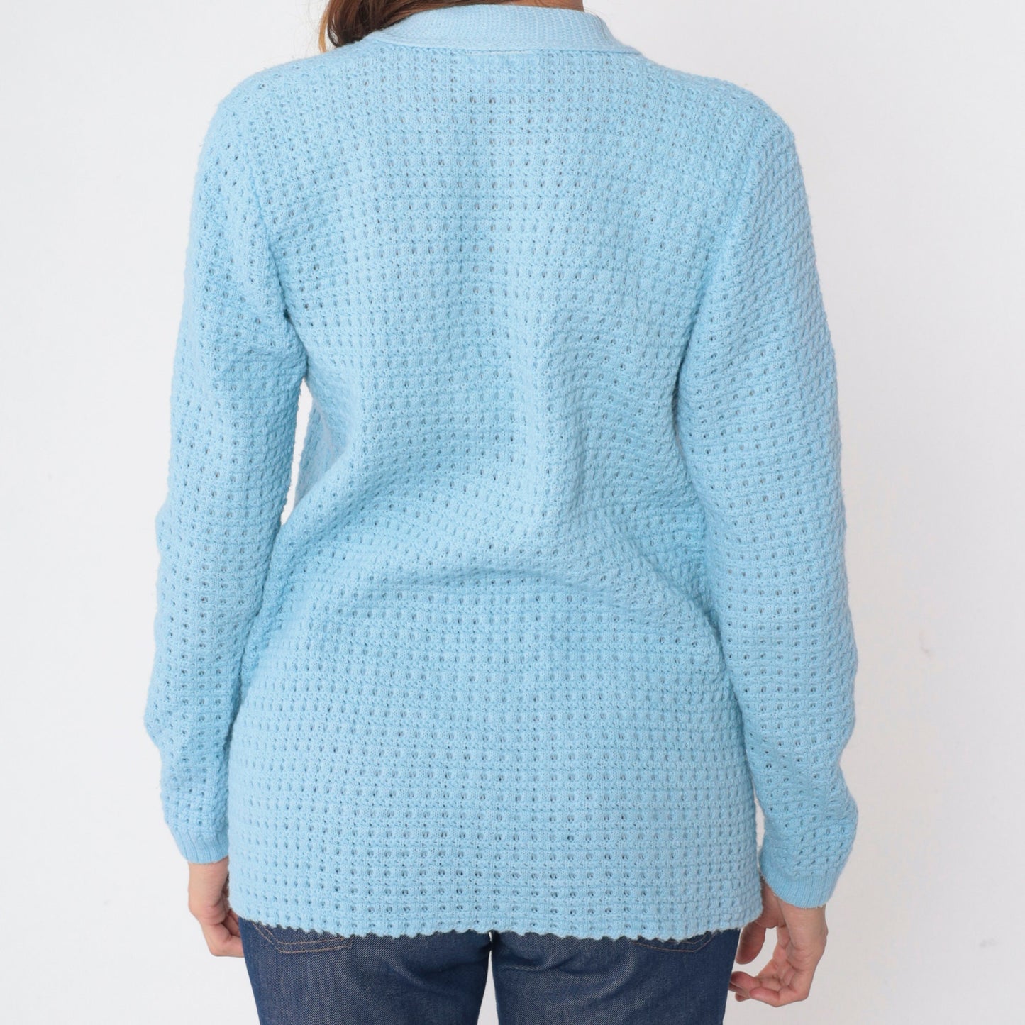 70s Baby Blue Cardigan Knit Floral Embroidered Open Front Sweater Medium M