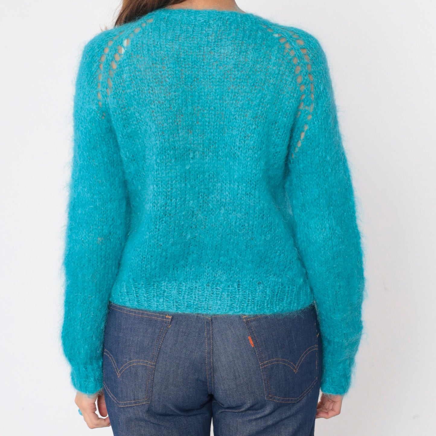 70s Blue Mohair Cardigan Cutout Raglan Sleeve Knit Sweater Medium