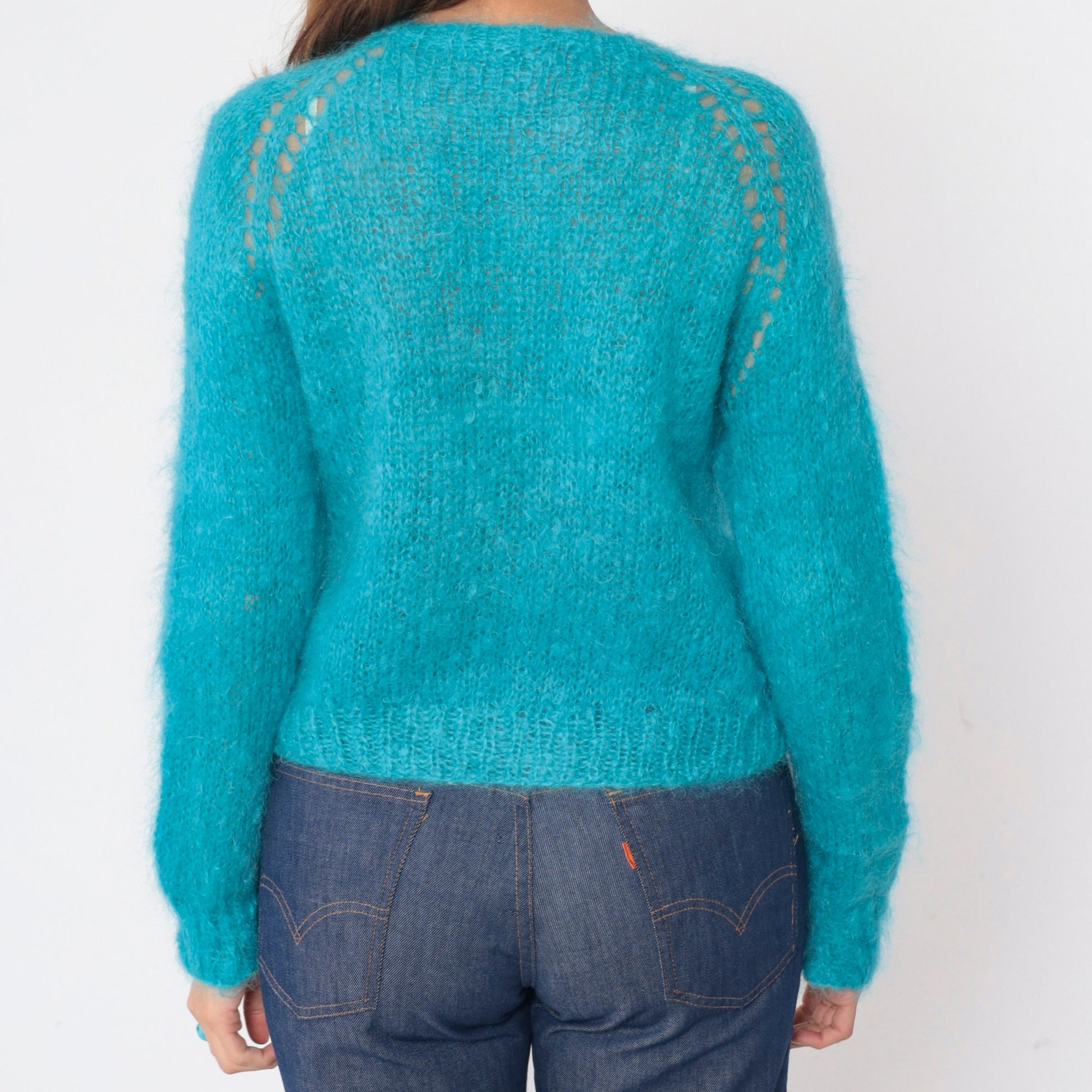70s Blue Mohair Cardigan Cutout Raglan Sleeve Knit Sweater Medium