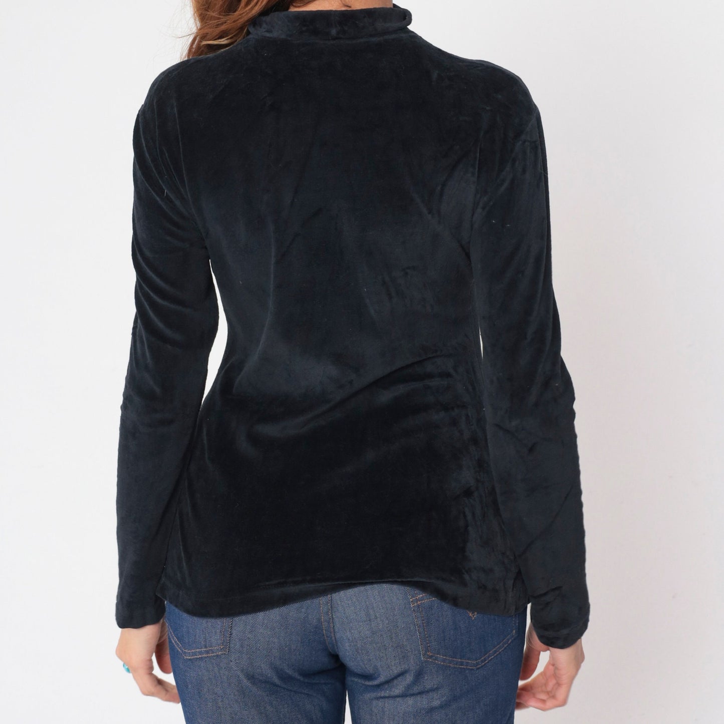 90s Black Velvet Turtleneck Blouse Long Sleeve Small S