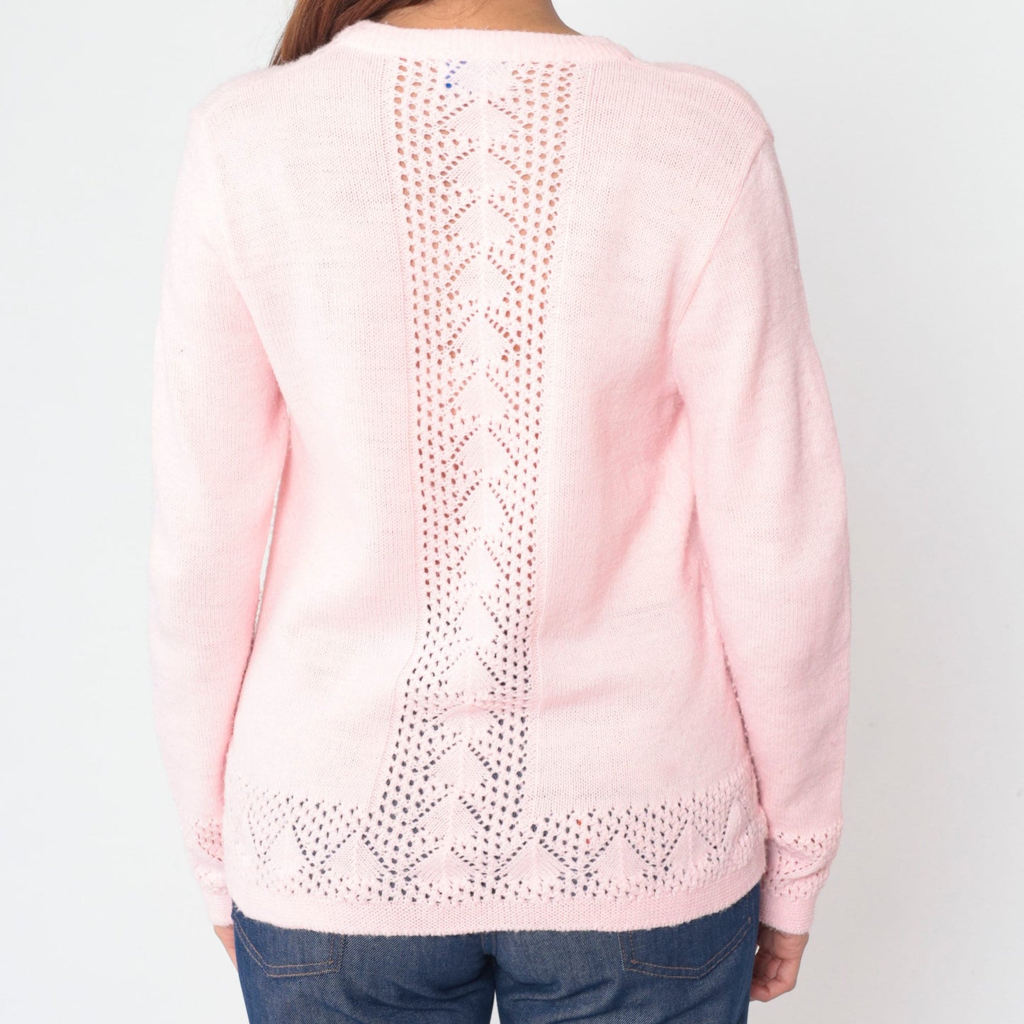 70s Baby Pink Pointelle Cardigan Button-Up Knit Sweater Small S