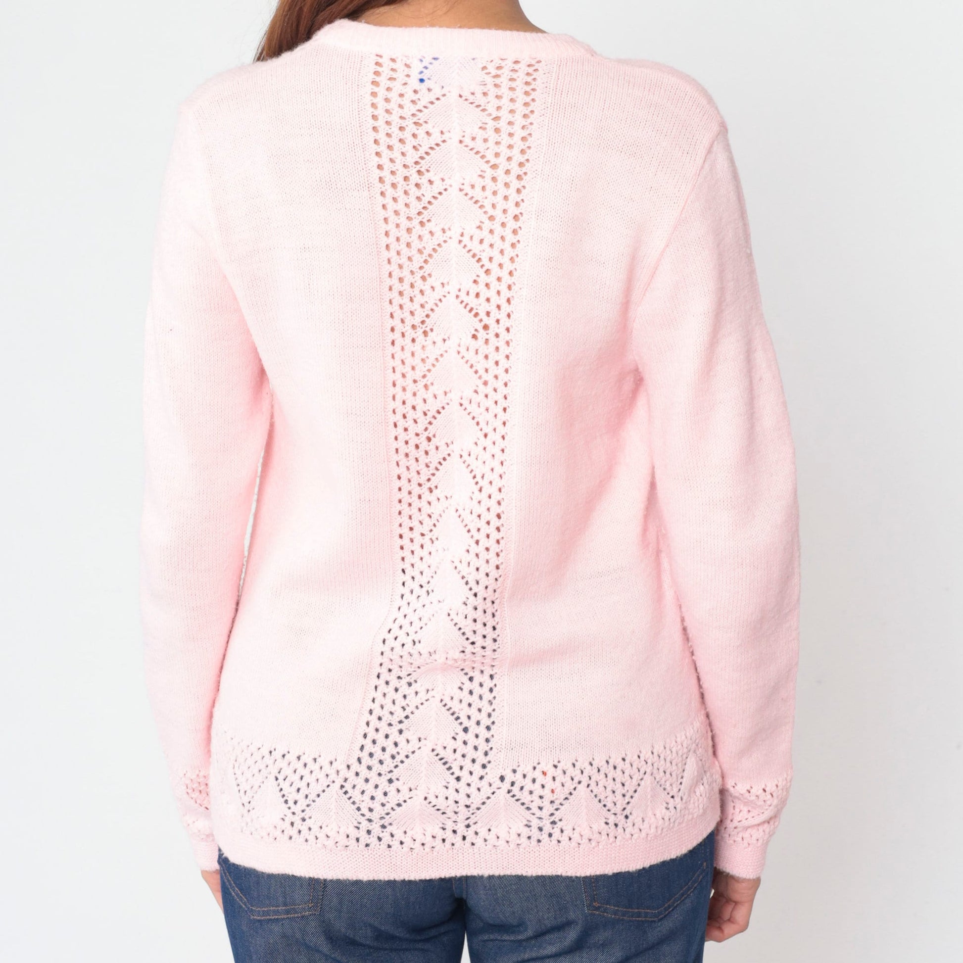 70s Baby Pink Pointelle Cardigan Button-Up Knit Sweater Small S