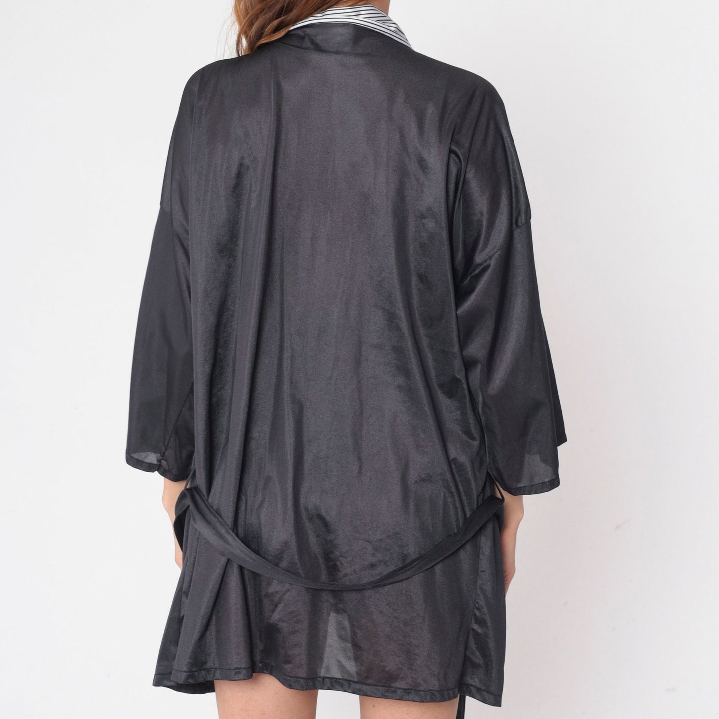 80s Black & White Striped Pajama Robe Tie Front Mini Lounge Jacket Large L