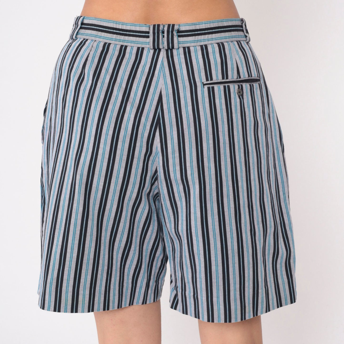 90s Head Sportswear Striped Shorts High Waist Pleated Blue White Black Medium