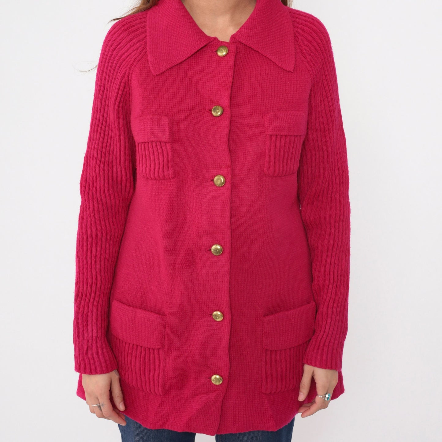 70s Fuchsia Cardigan Sweater Raglan Sleeve Ribbed Knit Gold Buttons Large L