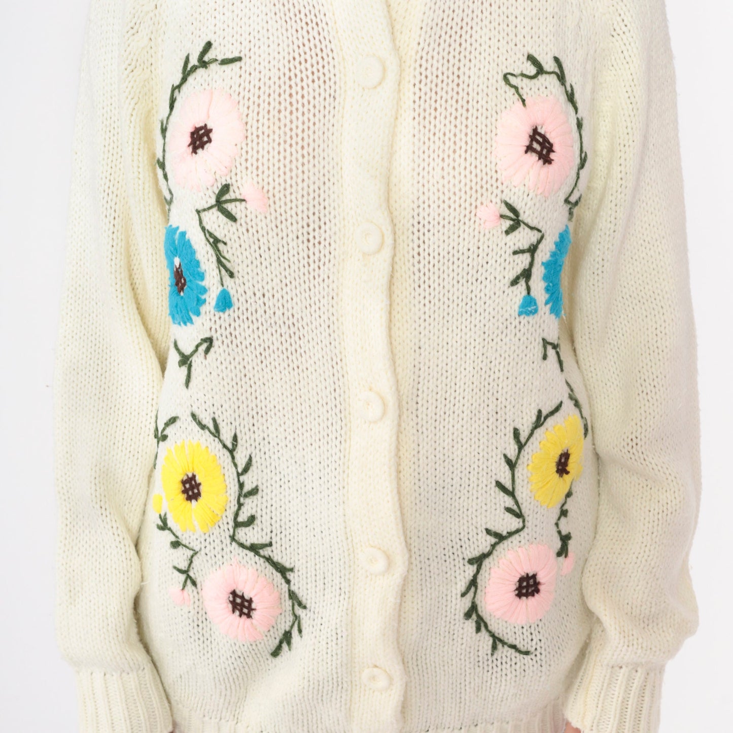 70s Floral Embroidered Cardigan Sweater Off-White Raglan Knit Large