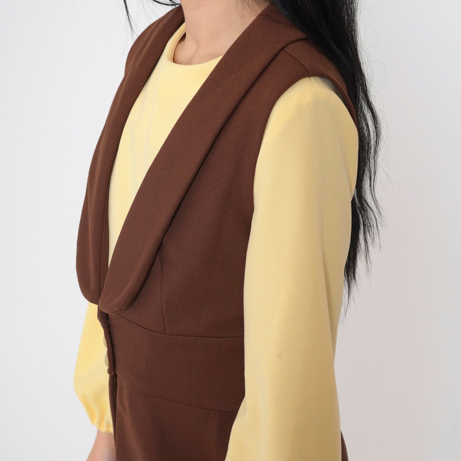 70s Mod Mini Dress and Vest Set Yellow Brown Shift Long Sleeve Medium