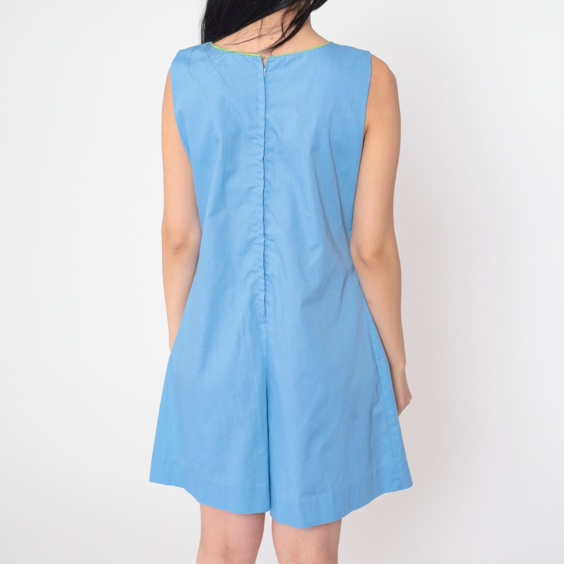 60s Mod Floral Embroidered Romper Blue Sleeveless Mini Cotton Small S