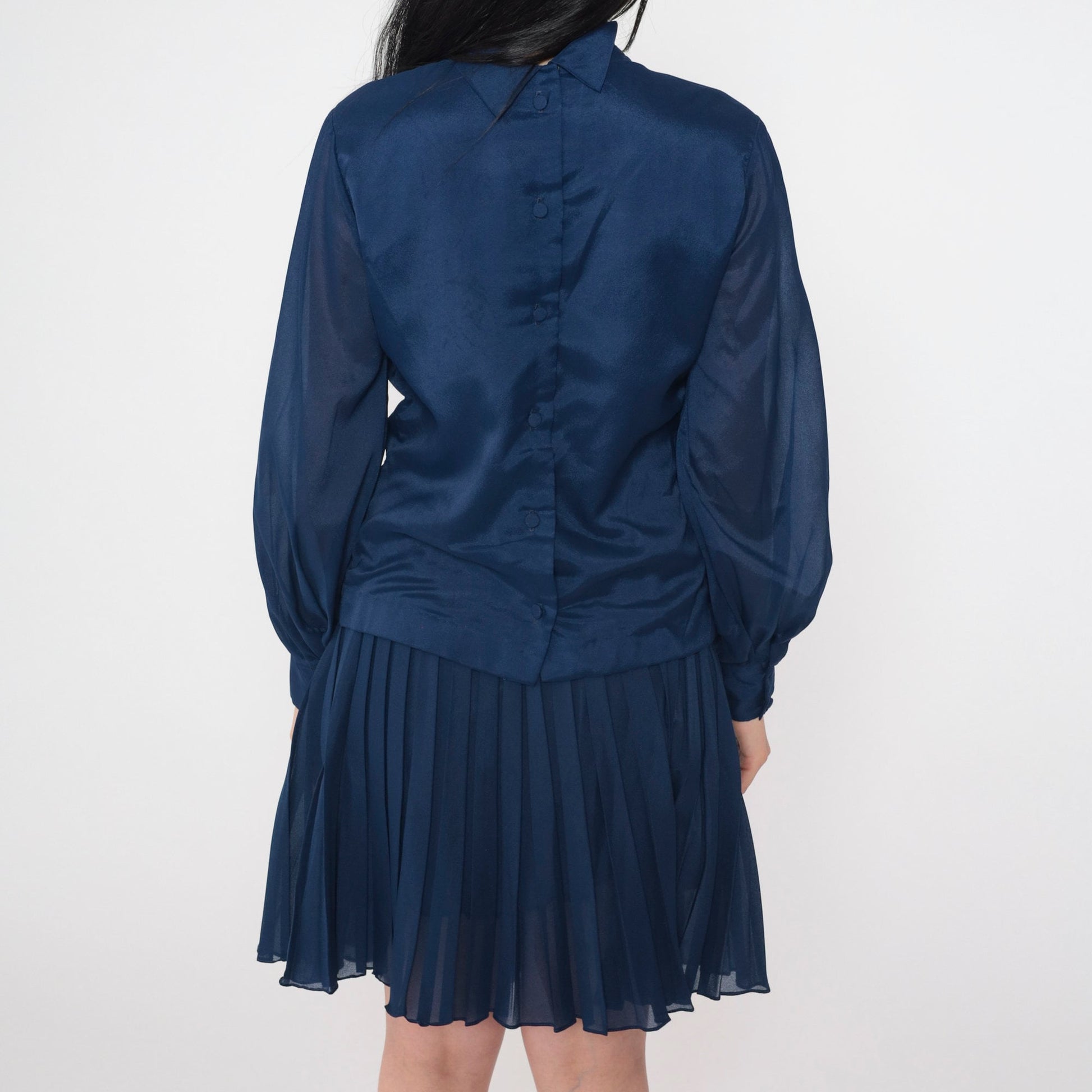 70s Navy Two Piece Dress Set Long Sleeve Blouse Mini Skirt Ascot Tie Large L